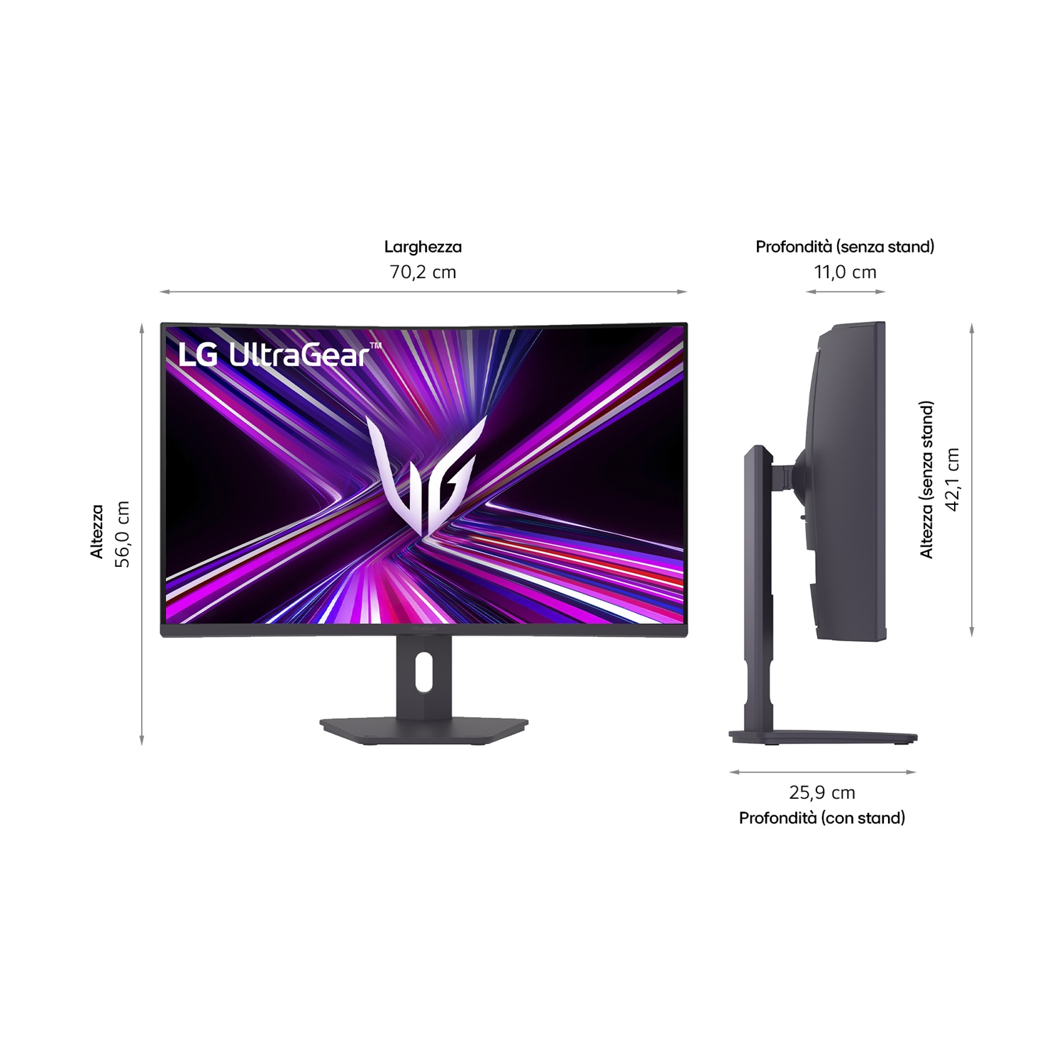 Un monitor LG UltraGear è mostrato da viste frontale e laterale, con dimensioni in cm. Lo schermo mostra arte astratta viola e nera.