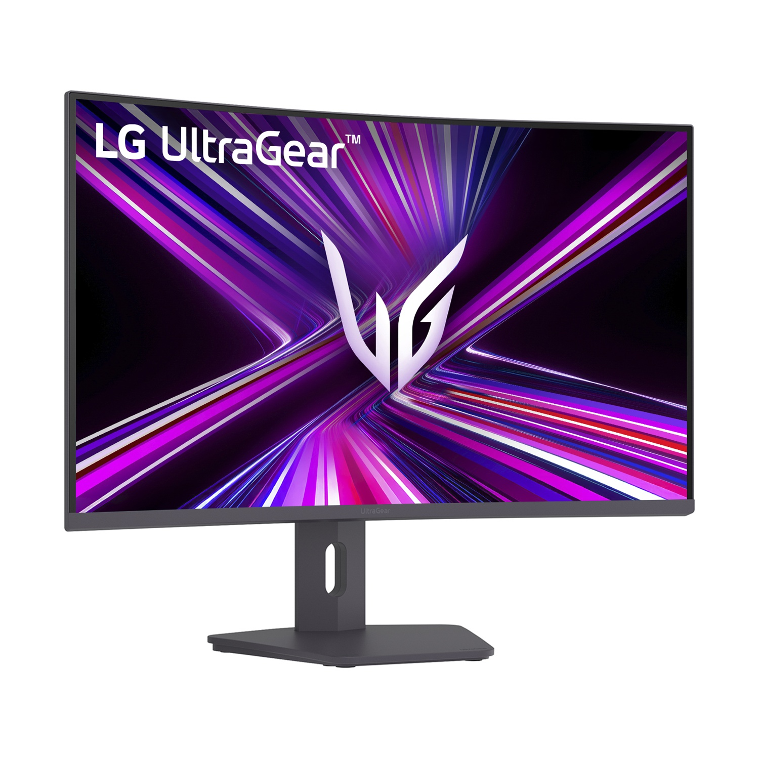 Monitor LG UltraGear. Cornice nera, supporto grigio scuro. Lo schermo mostra linee astratte viola e bianche con logo.