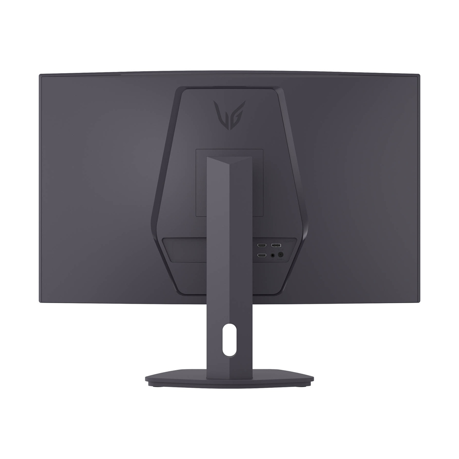 Retro di un monitor per computer grigio. Ha un supporto, porte e un logo LG. Lo schermo è scuro.