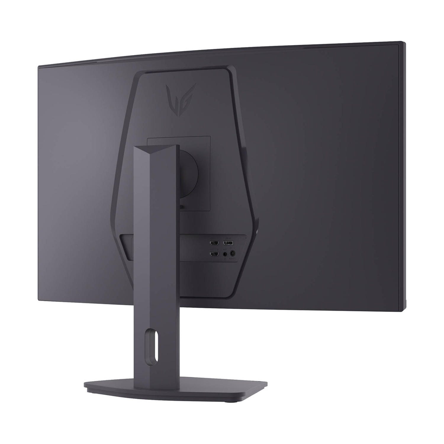 Vista posteriore di un monitor per computer grigio scuro. Ha un supporto e una varietà di porte. Il logo LG è visibile.