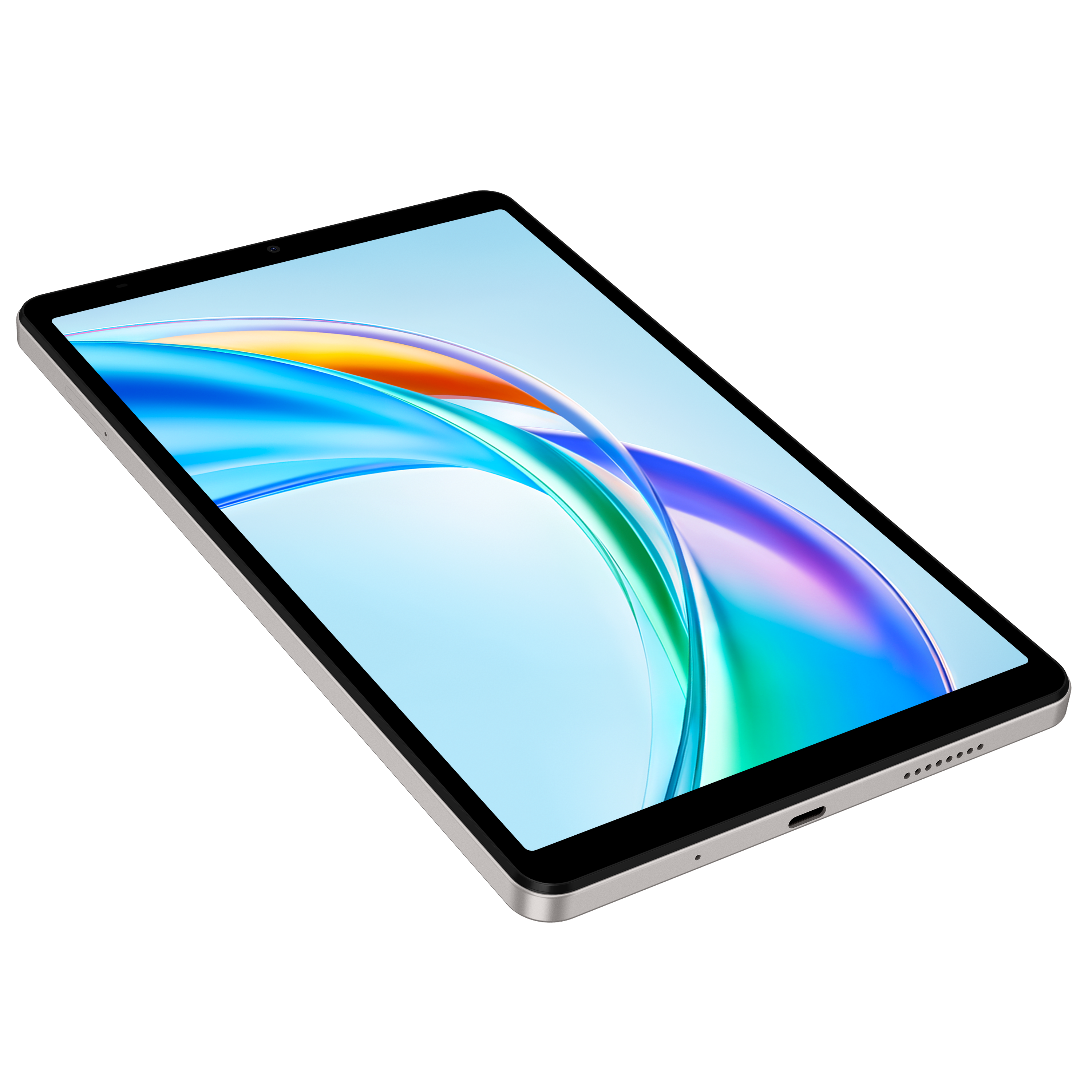Siyah arkaplanda açılı bir tablet. Ekran, mavi ve turuncu soyut bir tasarım sergiliyor.
