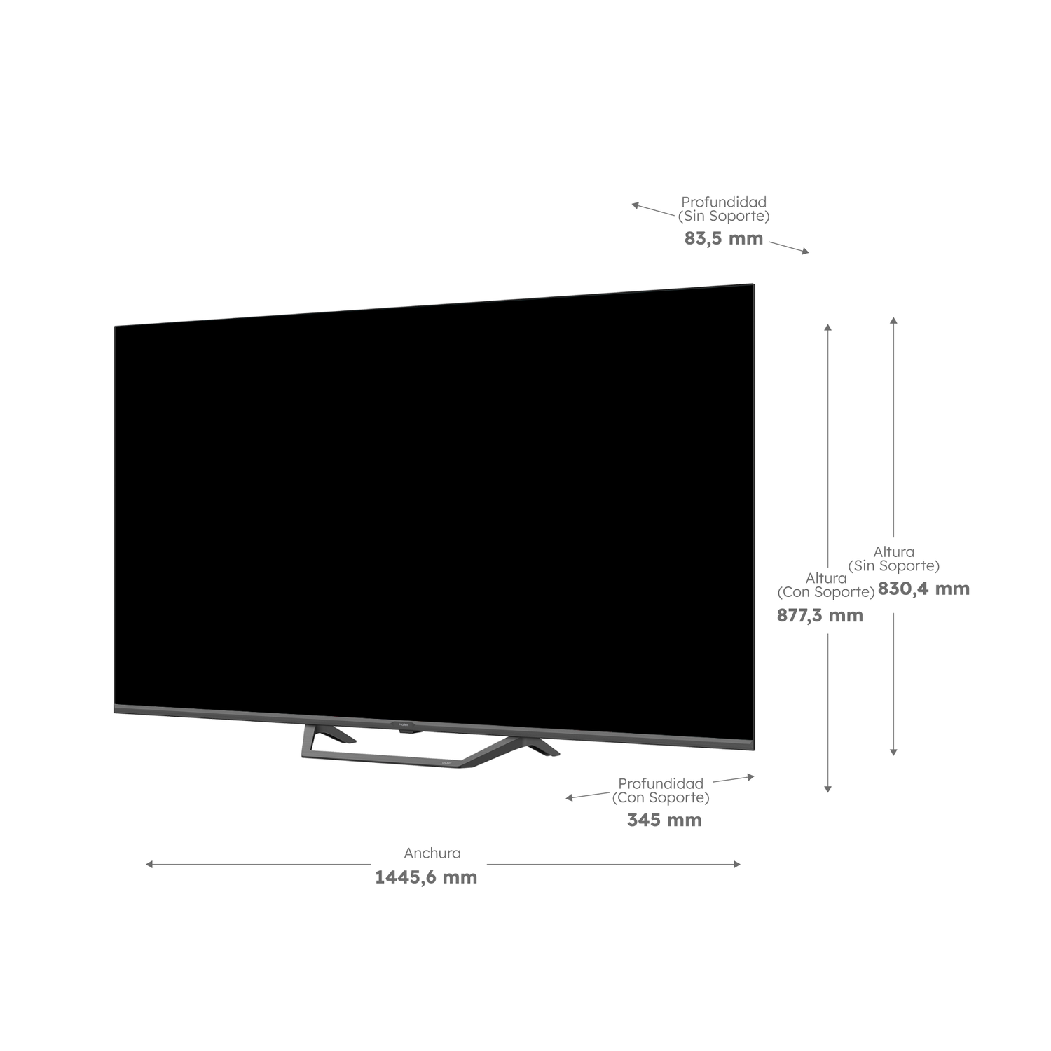 Un televisor grande y negro con soporte plateado. Dimensiones: ancho 1445,6 mm, profundidad sin soporte 83,5 mm, con soporte 345 mm, altura sin soporte 830,4 mm, con soporte 877,3 mm.