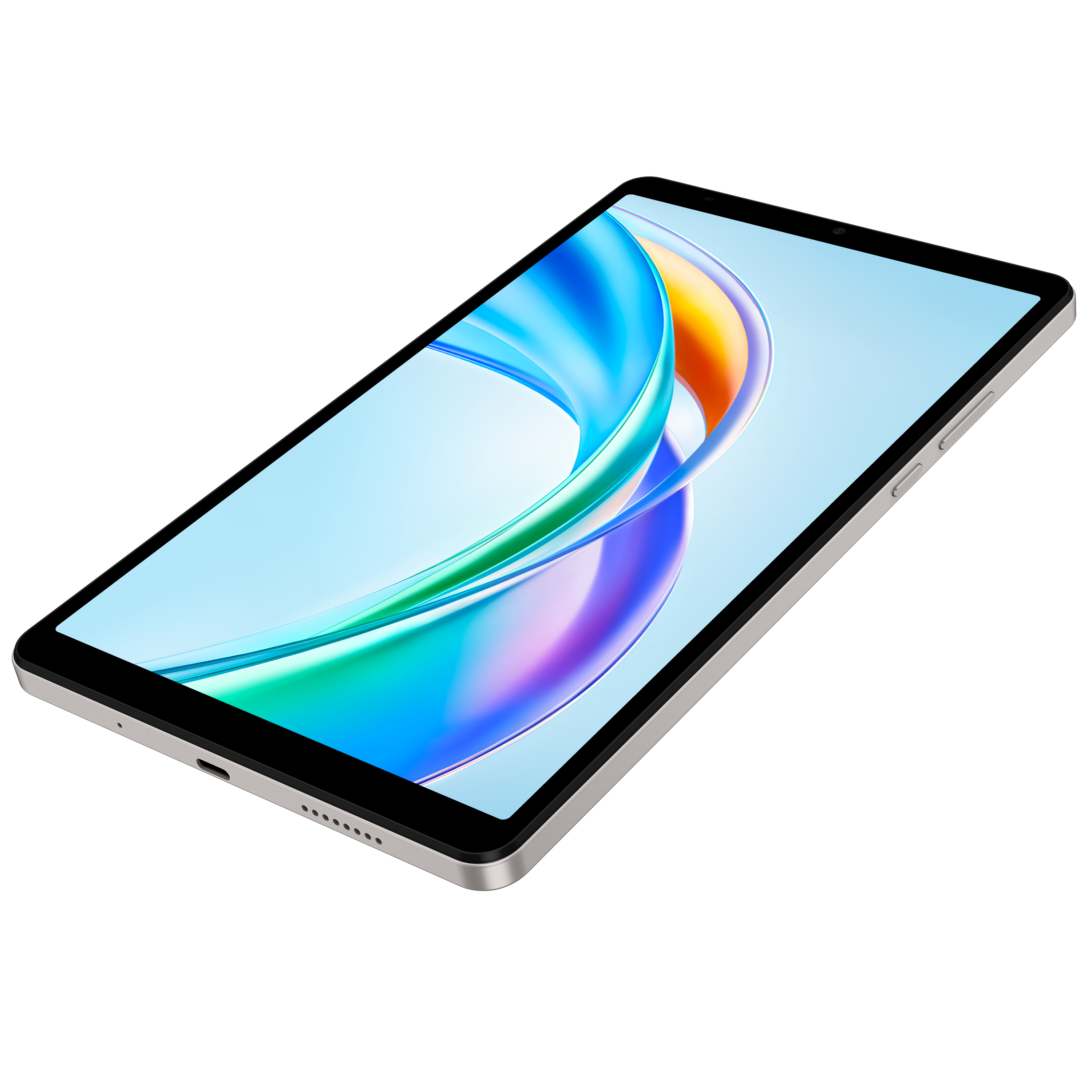 Siyah zemin üzerinde bir tablet. Ekranda renkli soyut şekiller var. Gümüş çerçeve.