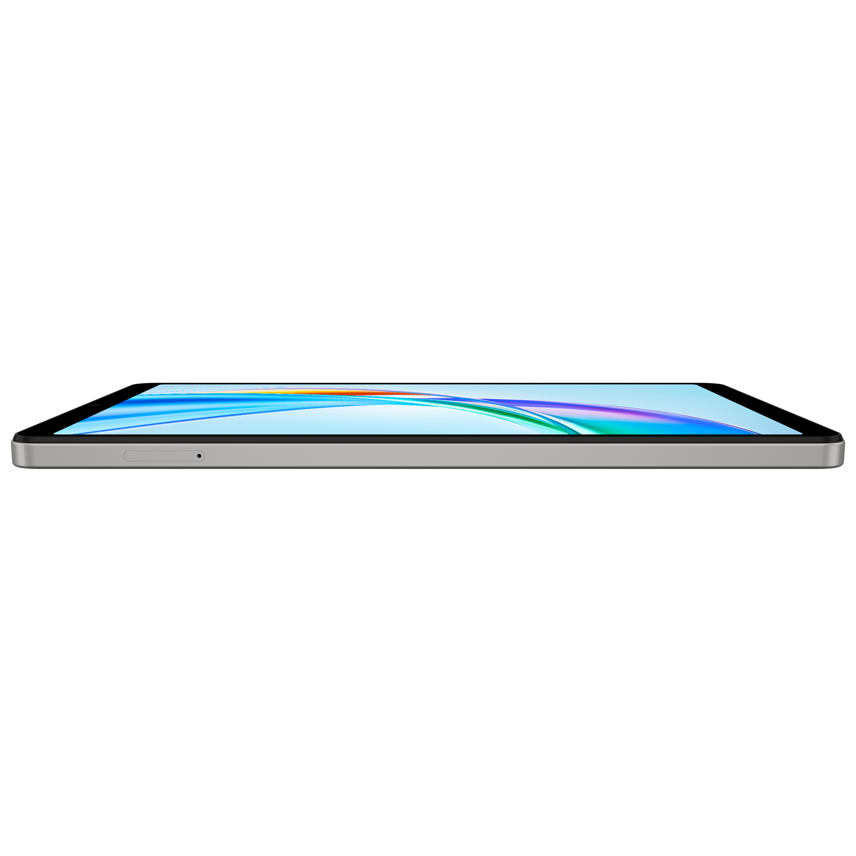 Gümüş çerçeveli bir tablet profilden görülüyor, ekran siyah zemin üzerinde renkli çizgiler gösteriyor.
