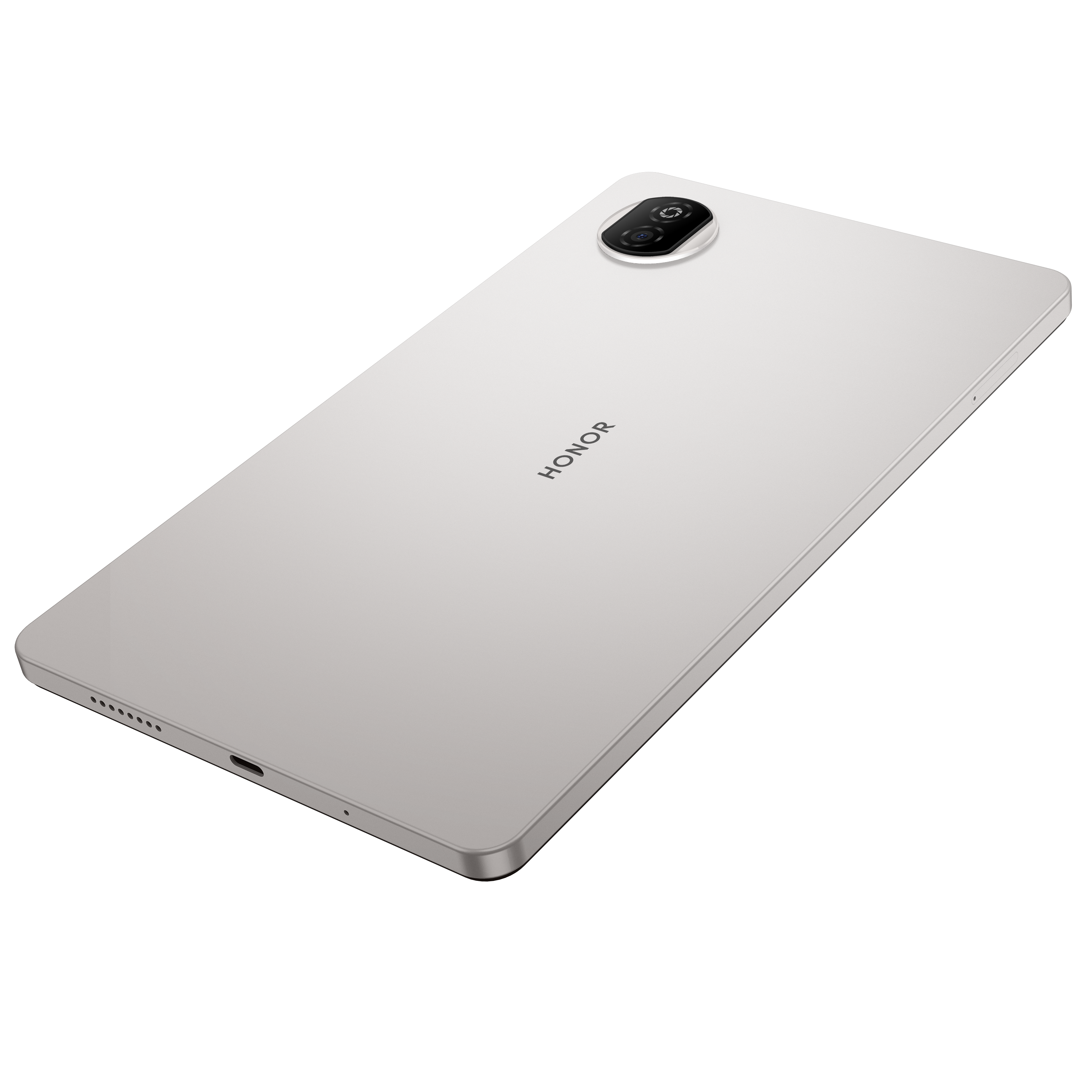 Kamera çıkıntısı, HONOR logosu ve siyah arka planlı gümüş tablet.