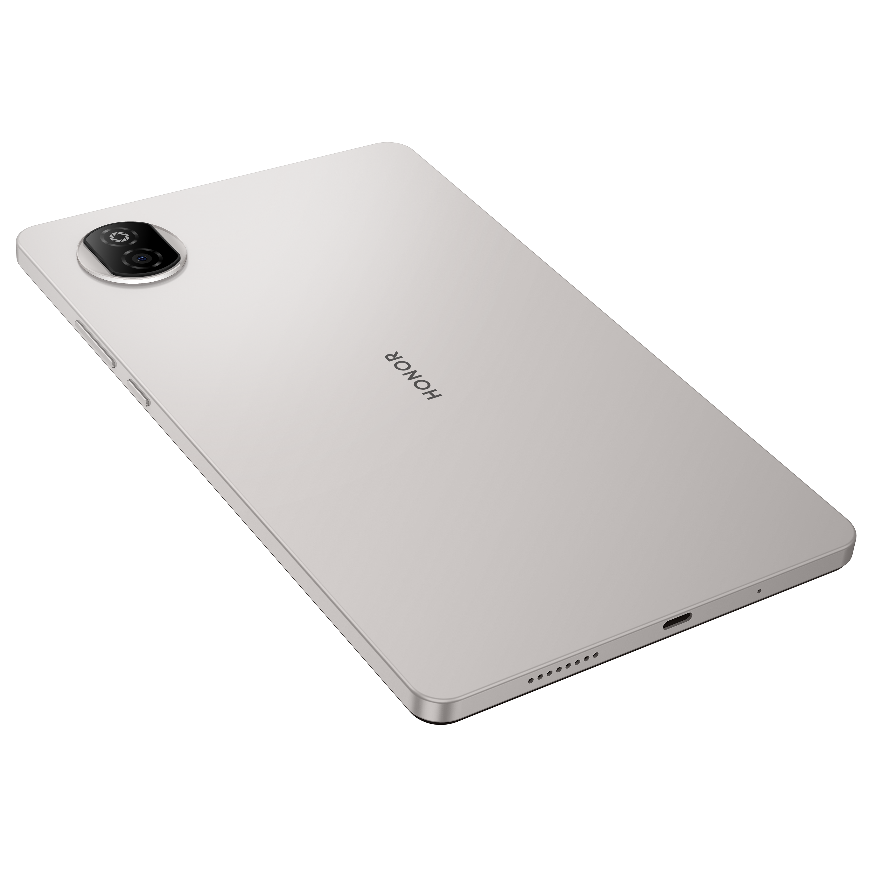 Siyah zemin üzerinde açık gri bir tablet. Tablette bir kamera modülü var, HONOR marka adı görünür.