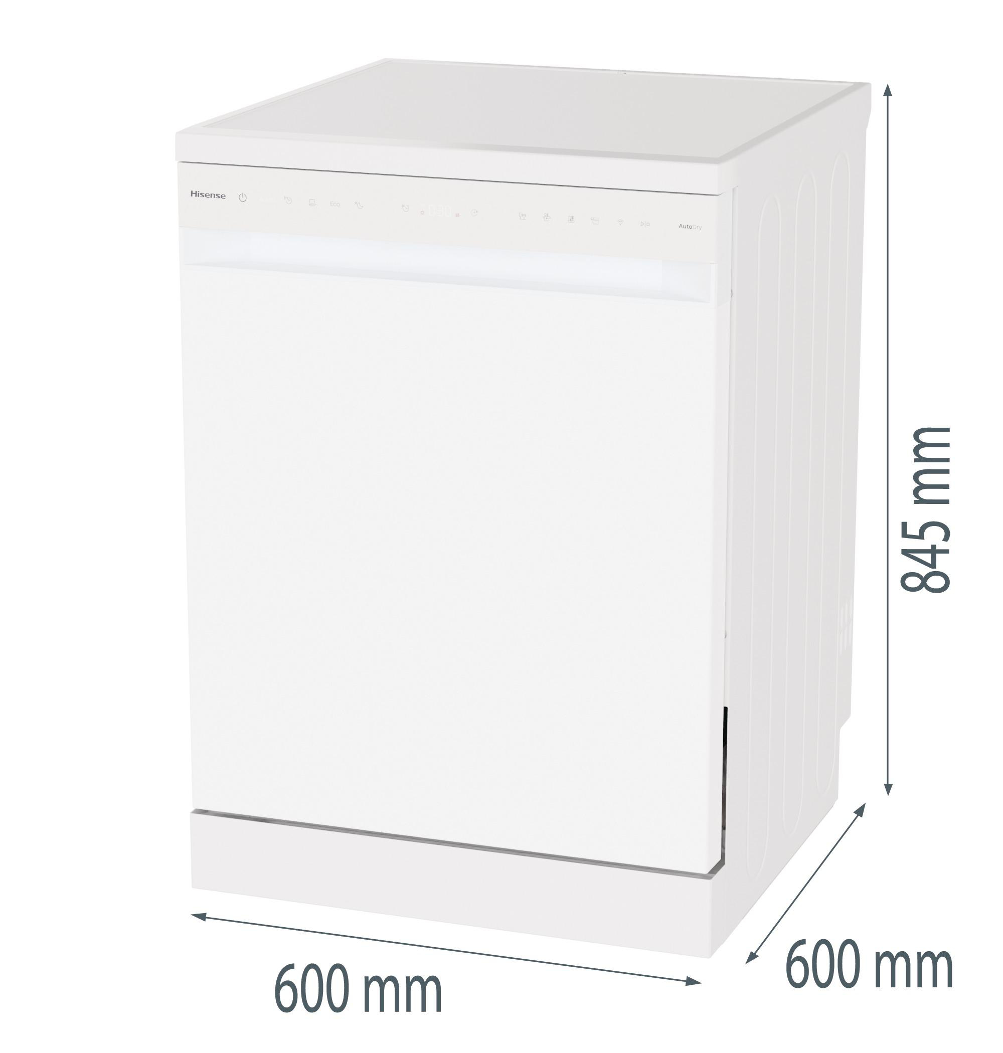 Ein weißer Hisense-Geschirrspüler. Die Abmessungen betragen 600x600x845 mm. Er hat Bedienknöpfe und eine Tür. Maße sind beschriftet.