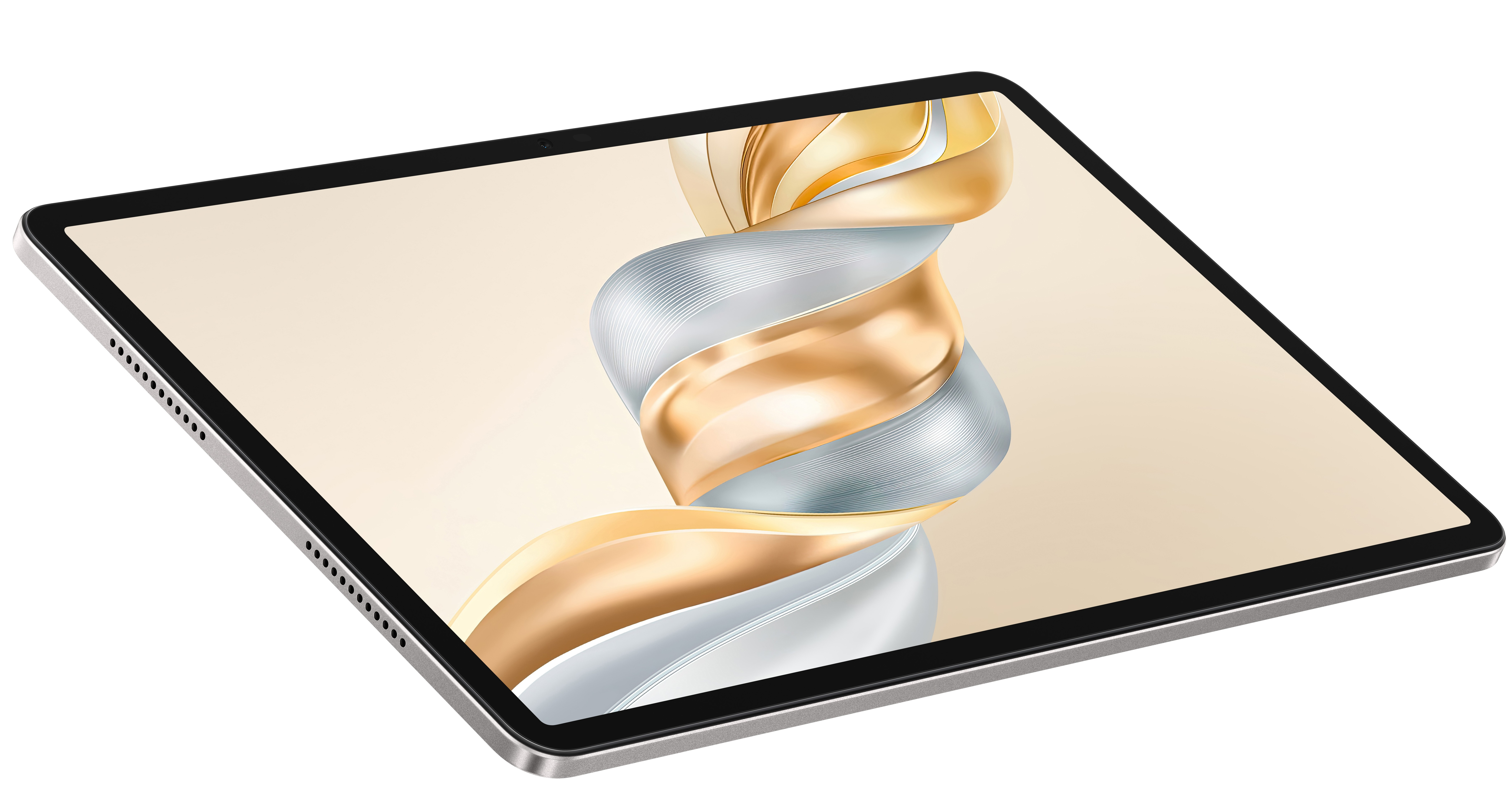 Gümüş çerçeveli, siyah çerçeveli tablet ve bej zemin üzerinde altın ve gümüş soyut tasarım gösteren ekran.