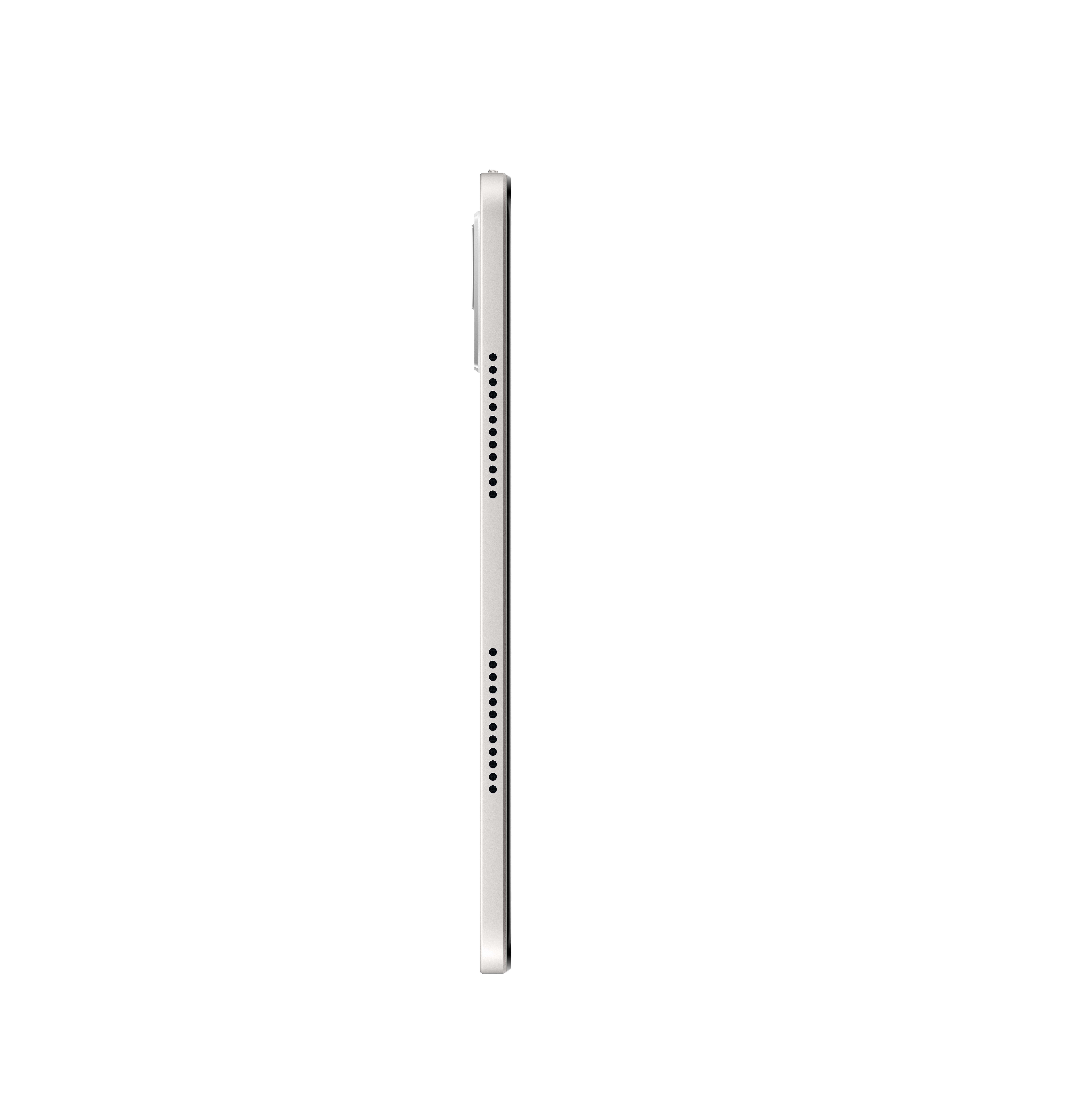 Siyah arka plan üzerinde gümüş bir tabletin yan görünümü. Bir sıra küçük siyah nokta var.