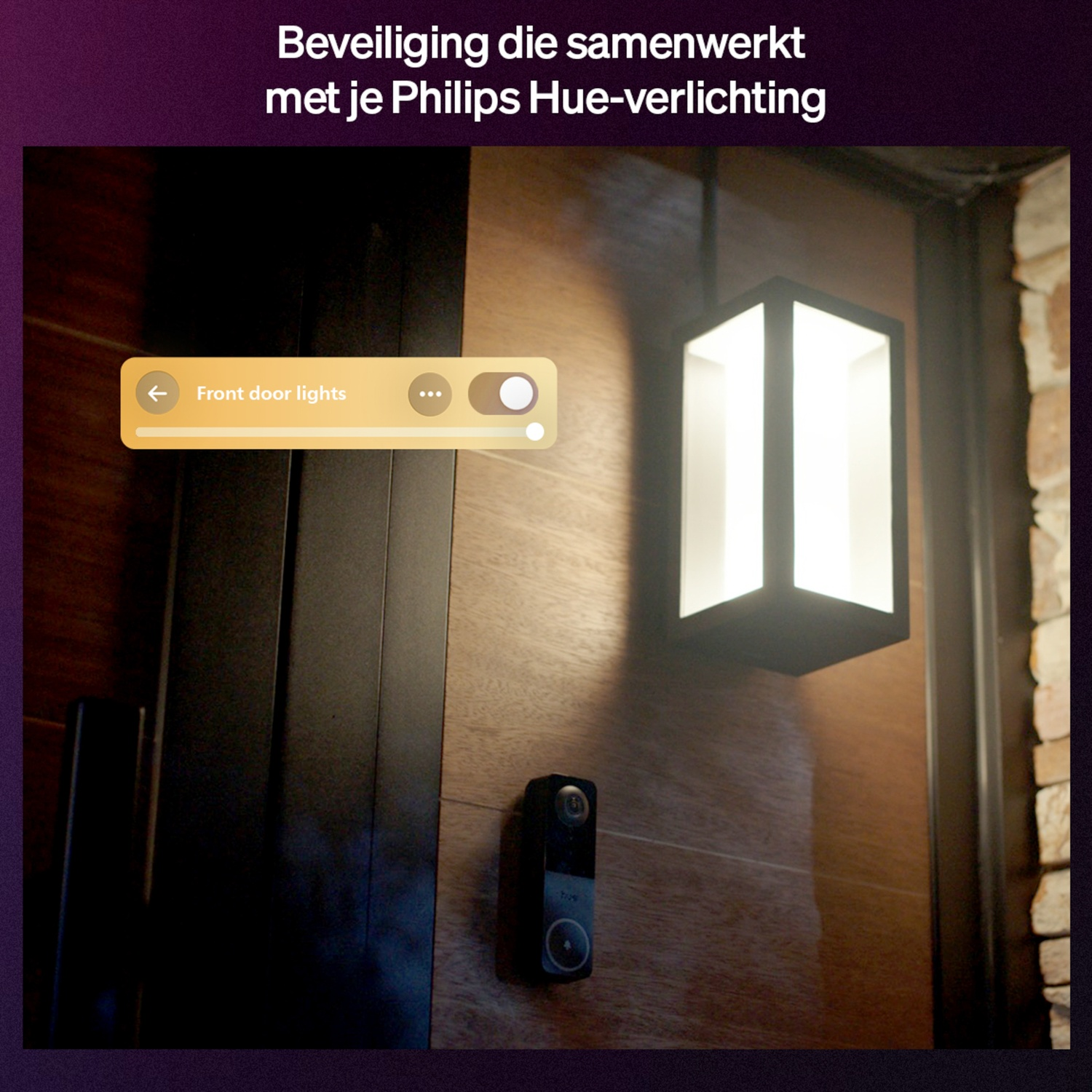 Exterior of a home with a smart lighting control panel, a doorbell camera, and a modern light fixture.