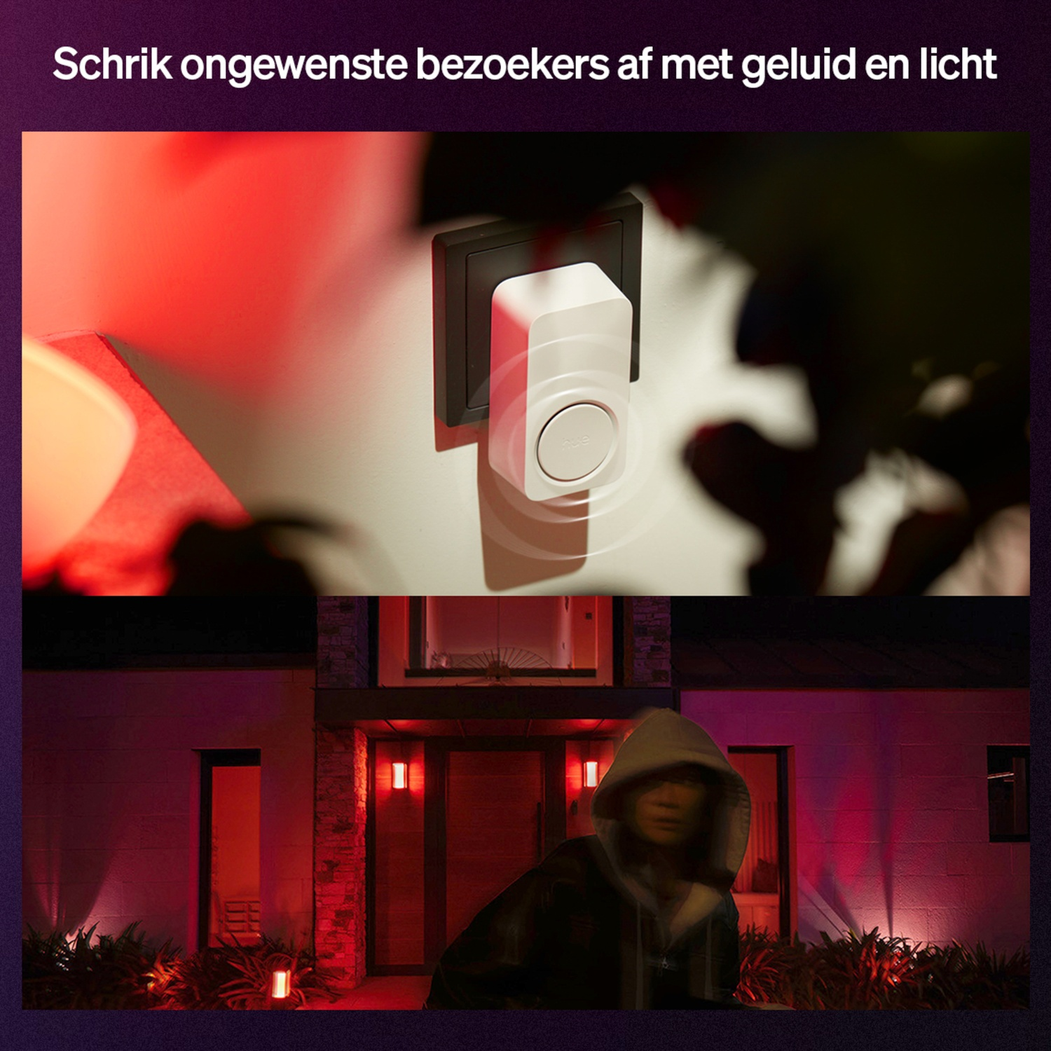 A doorbell and a person in a hoodie, with red lights. Suggesting security against unwanted visitors.
