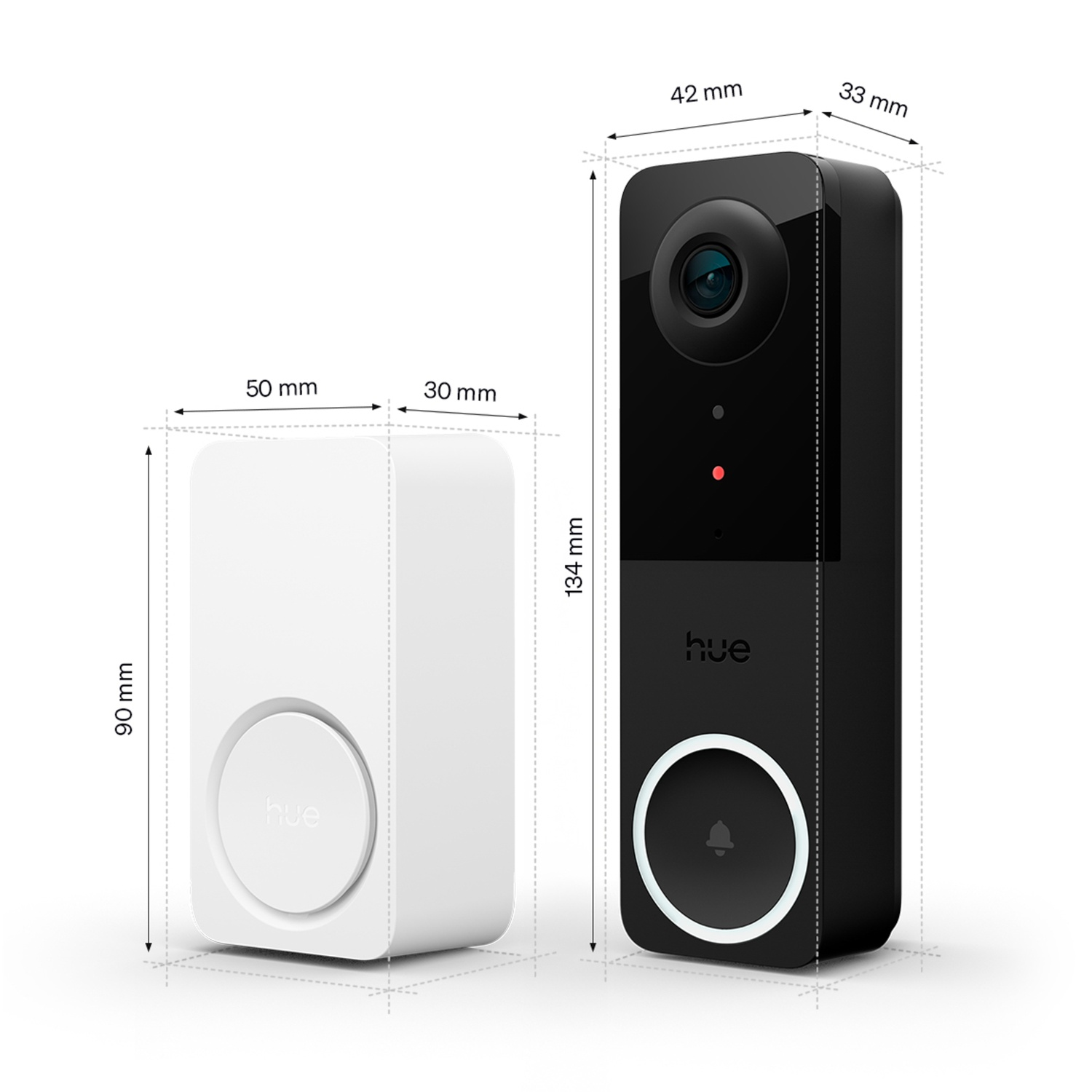 Two smart doorbells: a white one and a black one with dimensions. Both have the 'hue' logo.