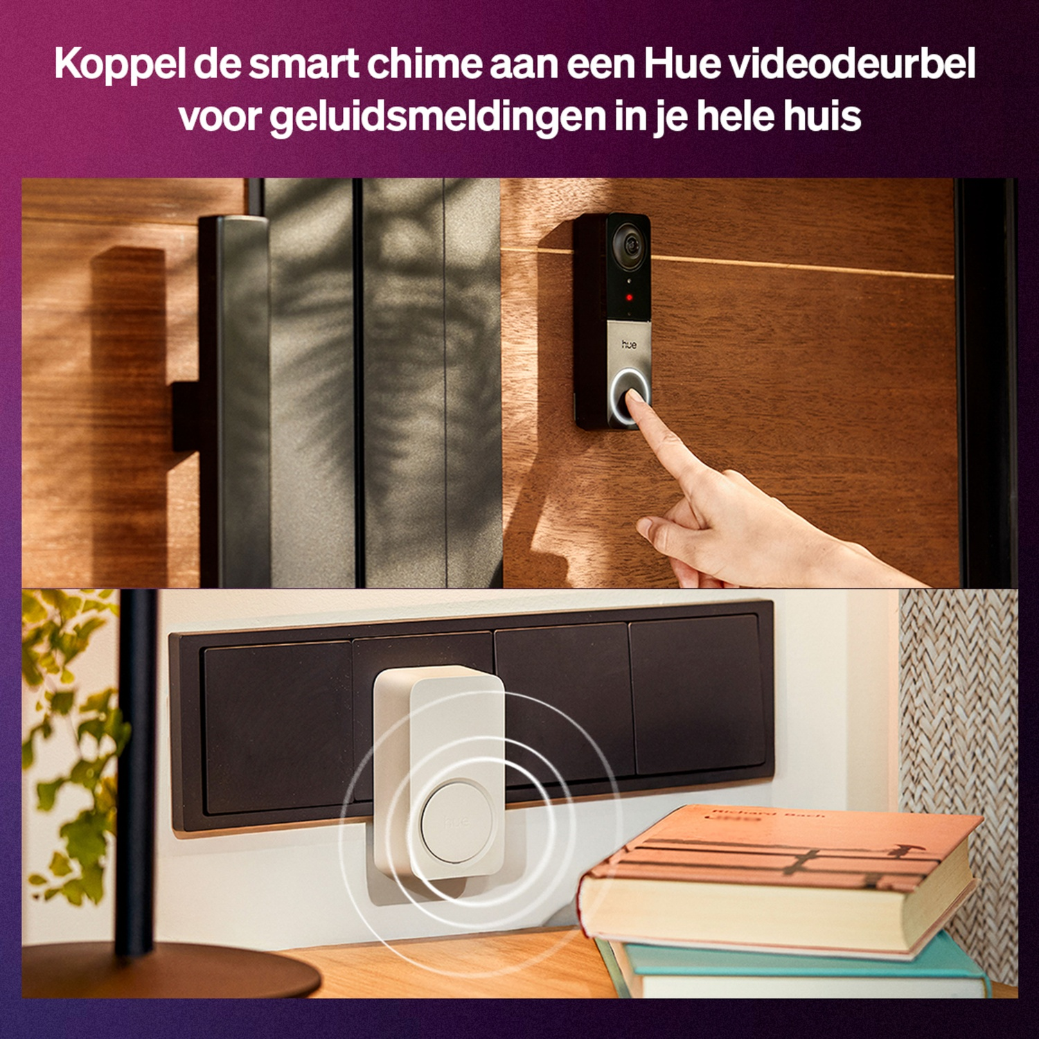A hand presses a doorbell. Below, a white chime with sound waves sits near books. Wooden door in the background.
