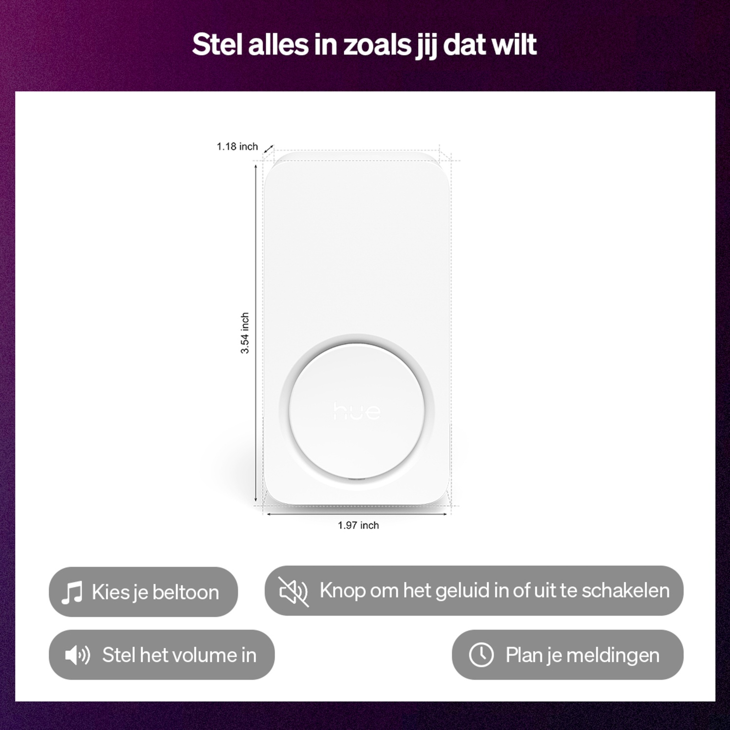 White rectangular device with a central circle labeled 'hue'. Text options: select tone, volume, and mute sound. Dimensions are displayed.