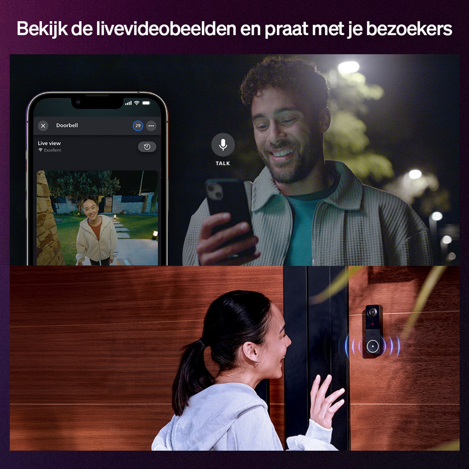 A man and a woman interact with a video doorbell. The woman is at the door, the man is on the phone. Both are smiling.