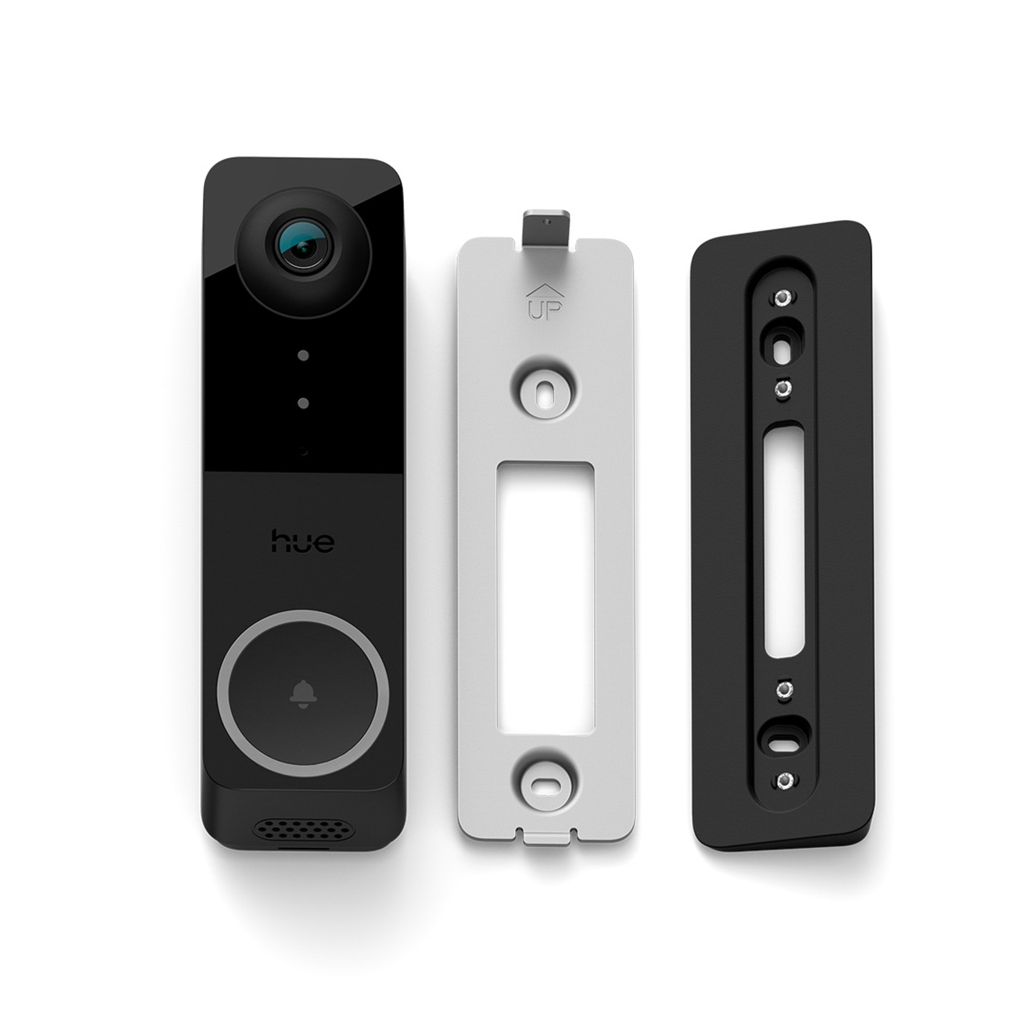 A black doorbell with a camera, and two mounting plates. The doorbell says 'hue'. The background is plain white.