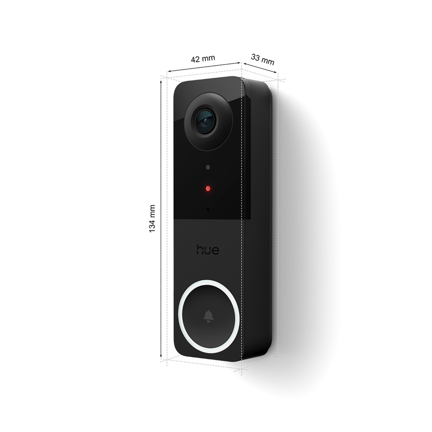 Black Hue video doorbell with dimensions labeled. Features a camera, bell icon, and the Hue logo. Shadow on white background.