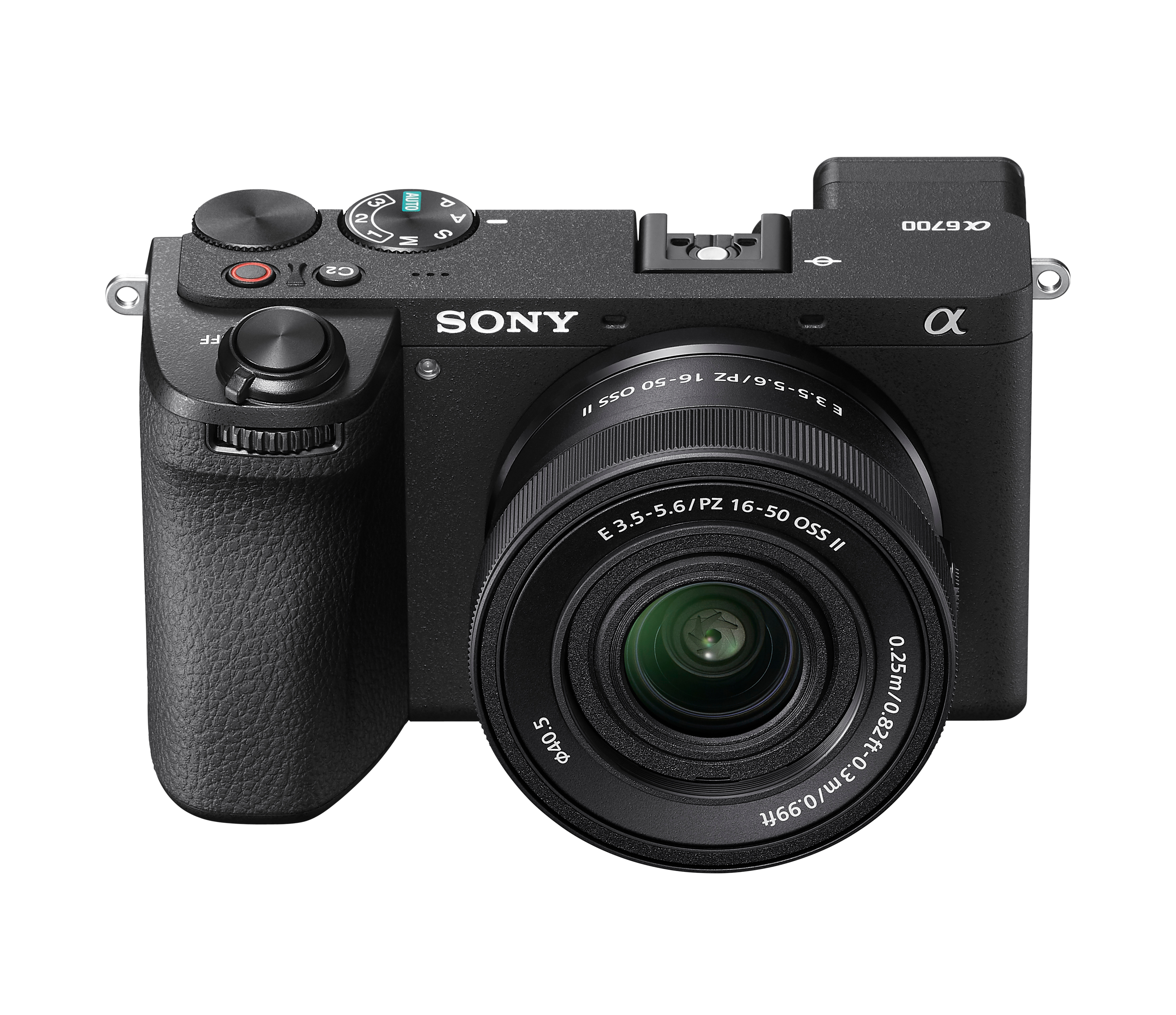 Un appareil photo Sony noir avec un objectif est montré. L'appareil photo porte le logo Sony. L'objectif a une écriture.