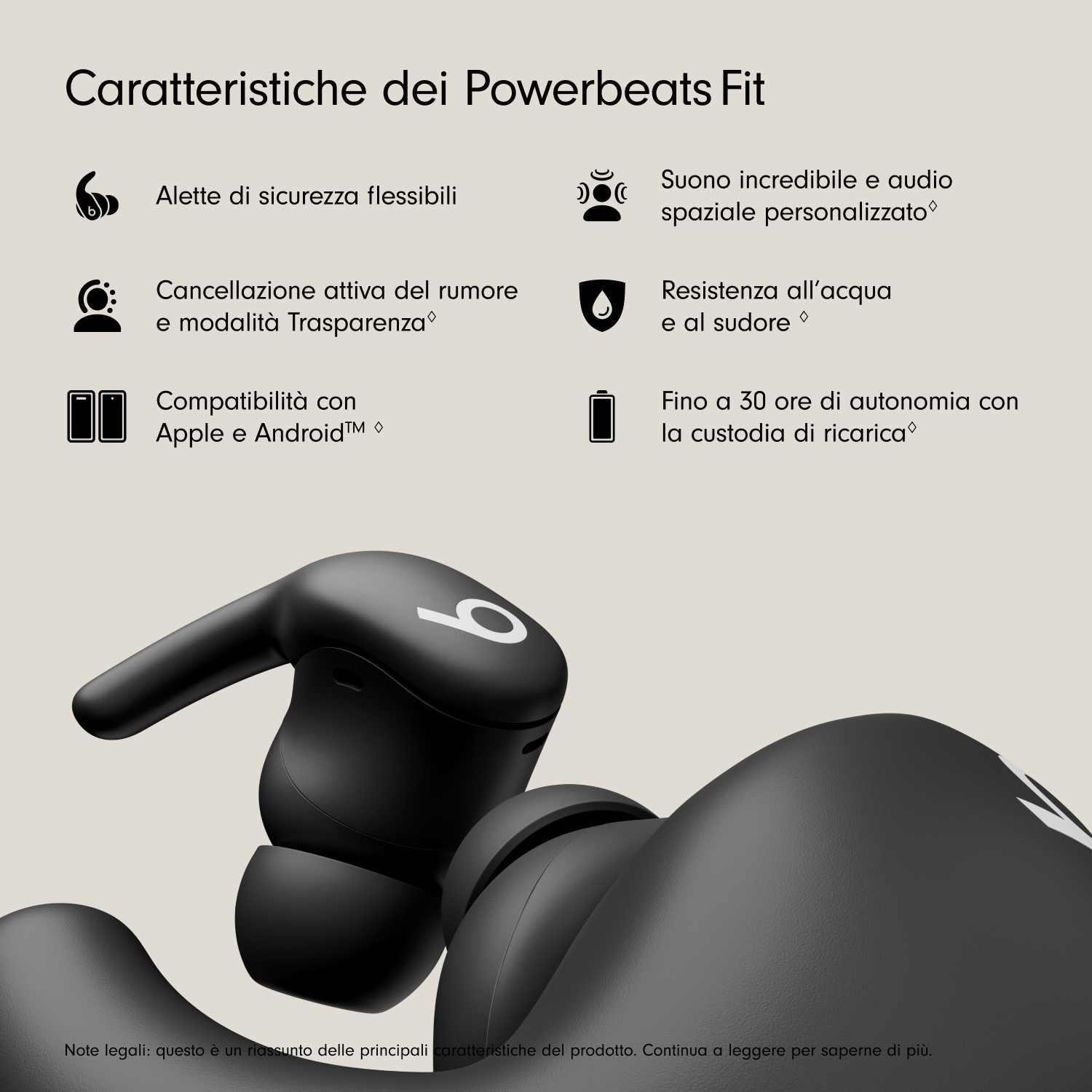 Auricolari Powerbeats Fit neri con logo bianco. Caratteristiche: ganci auricolari flessibili, cancellazione del rumore, compatibilità Apple/Android.