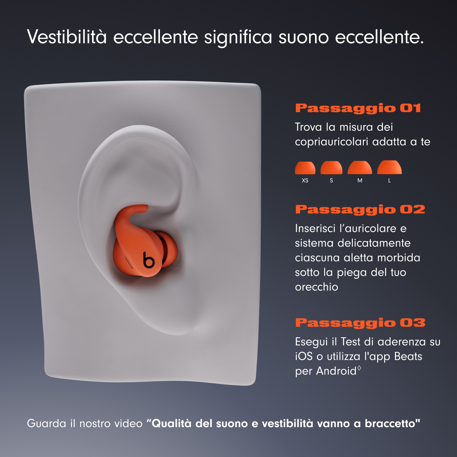 L'immagine mostra un auricolare arancione in un orecchio modello, con istruzioni su come adattarlo. Il testo include passaggi e opzioni di dimensionamento.