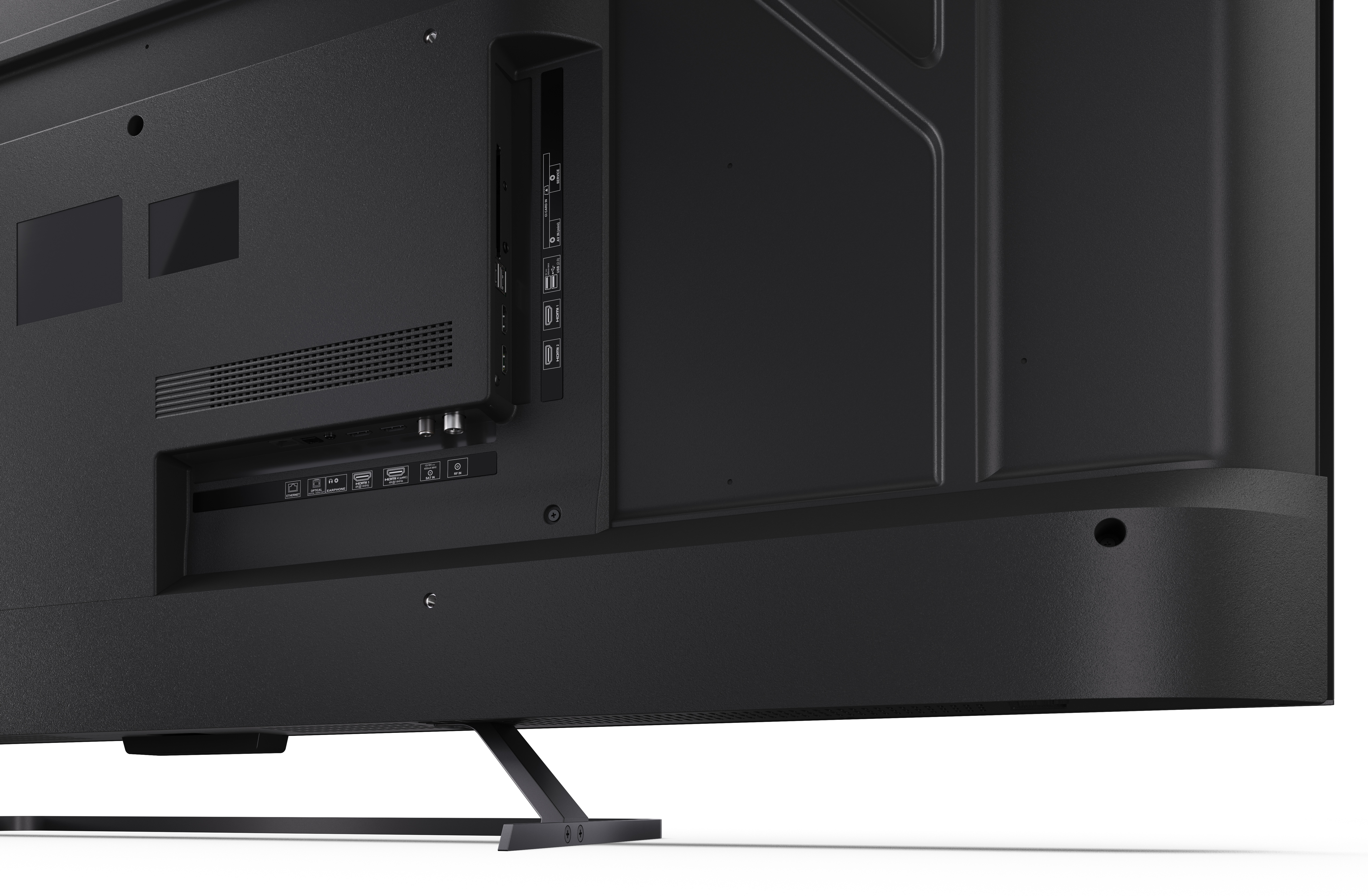 Zbliżenie tyłu czarnego telewizora z portami i podstawą. Obejmuje HDMI, Ethernet i inne porty połączeniowe.