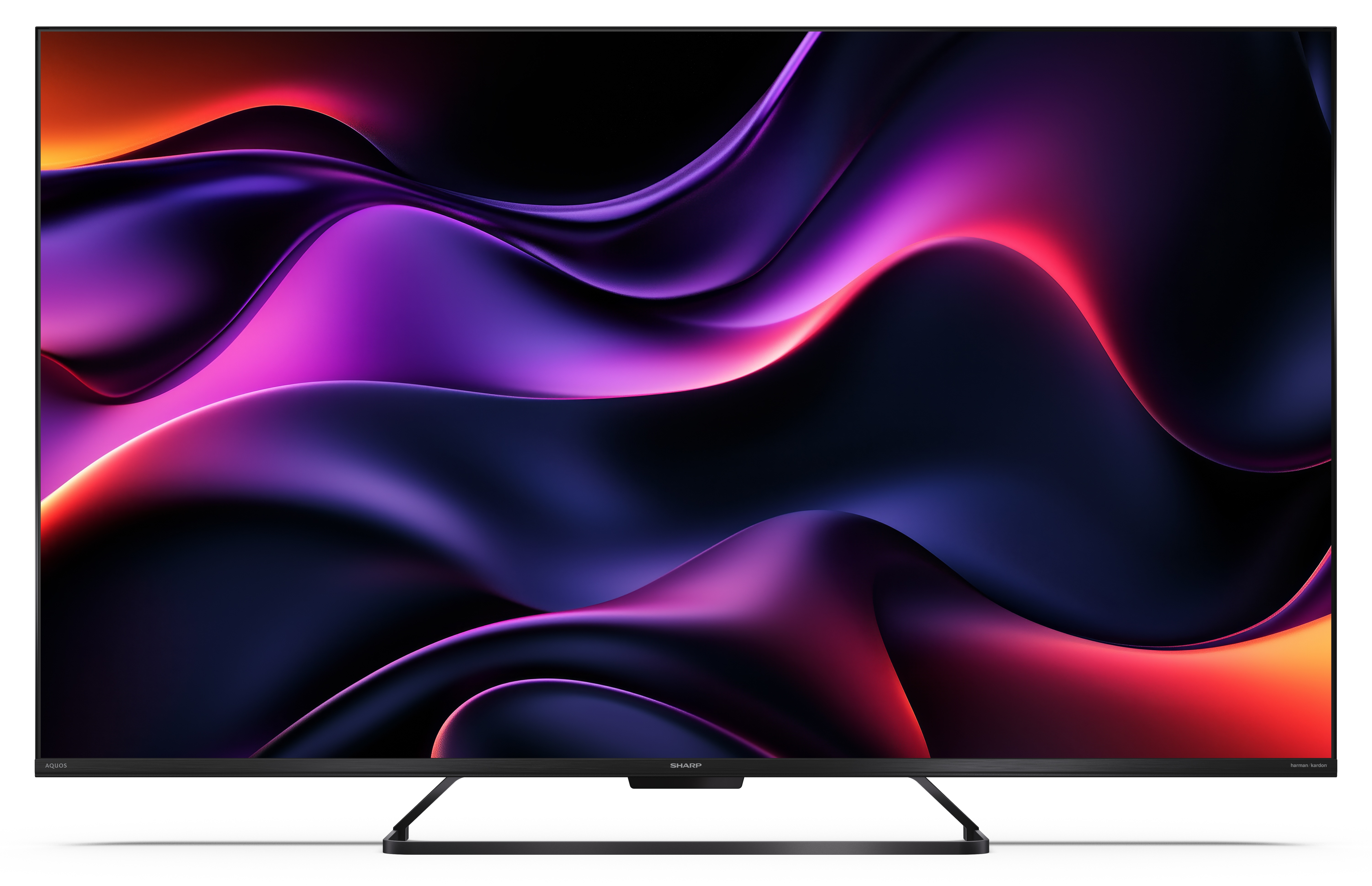 Telewizor Sharp wyświetla abstrakcyjny, kolorowy wzór z wirującymi fioletowymi, czerwonymi i pomarańczowymi gradientami.