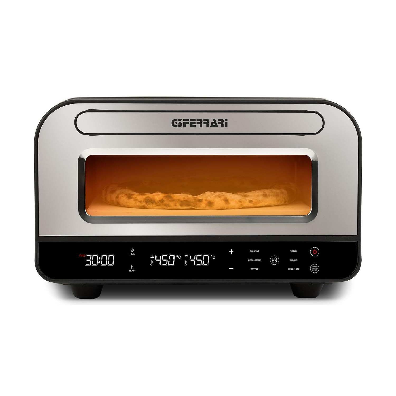Un forno per pizza argentato e nero con una pizza all'interno. Ha display digitali che mostrano l'ora e la temperatura e pulsanti di controllo.
