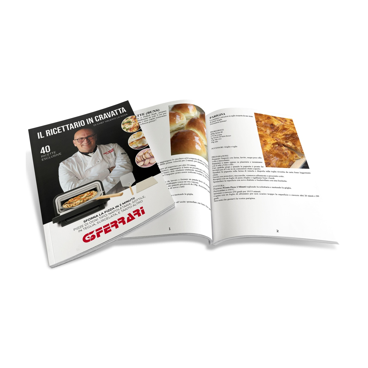 Un libro di cucina aperto con ricette e una copertina che mostra uno chef sorridente con un produttore di pizza.