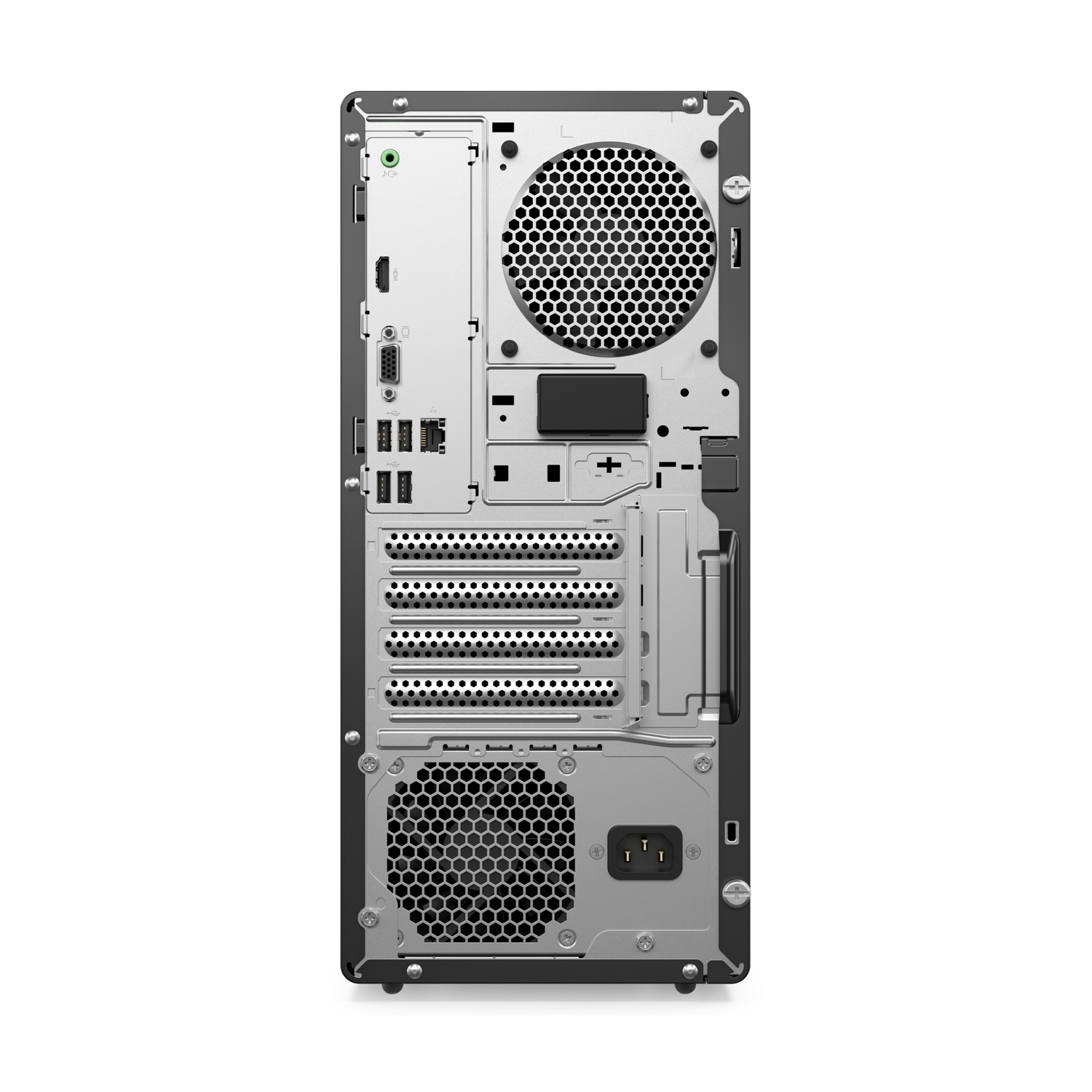 Vista posteriore di un case per computer. Componenti visibili: prese d'aria, porte e connettori, con focus sul layout del pannello posteriore.