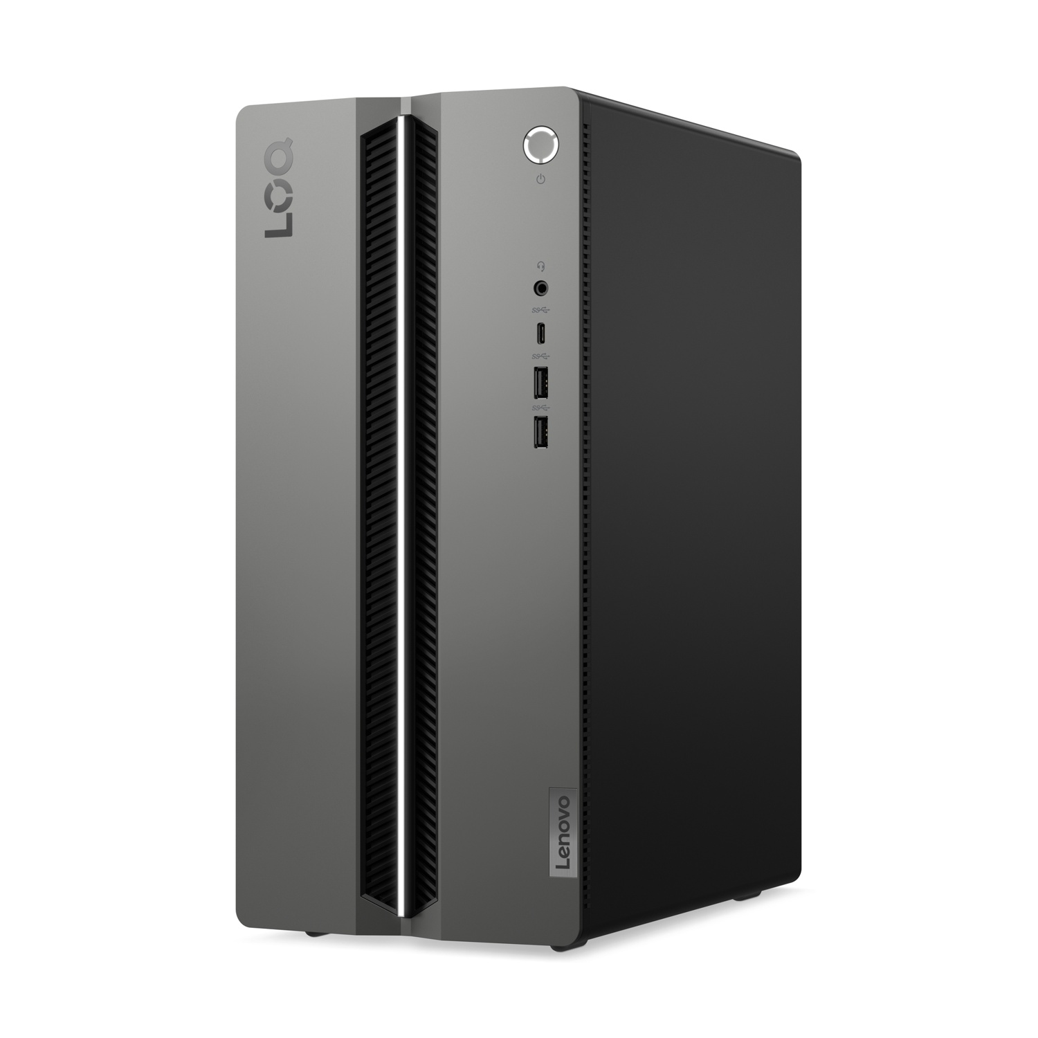 Un computer desktop Lenovo. Ha un pannello frontale grigio con il logo Lenovo e un pannello laterale nero. Il pulsante di accensione è visibile.