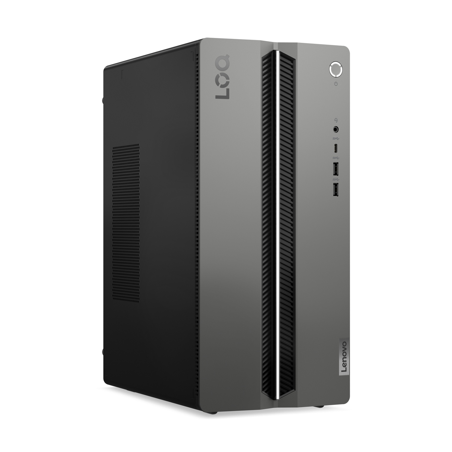 Un computer desktop Lenovo grigio con un lato nero. Il computer ha il logo LOQ, porte e un pulsante di accensione.
