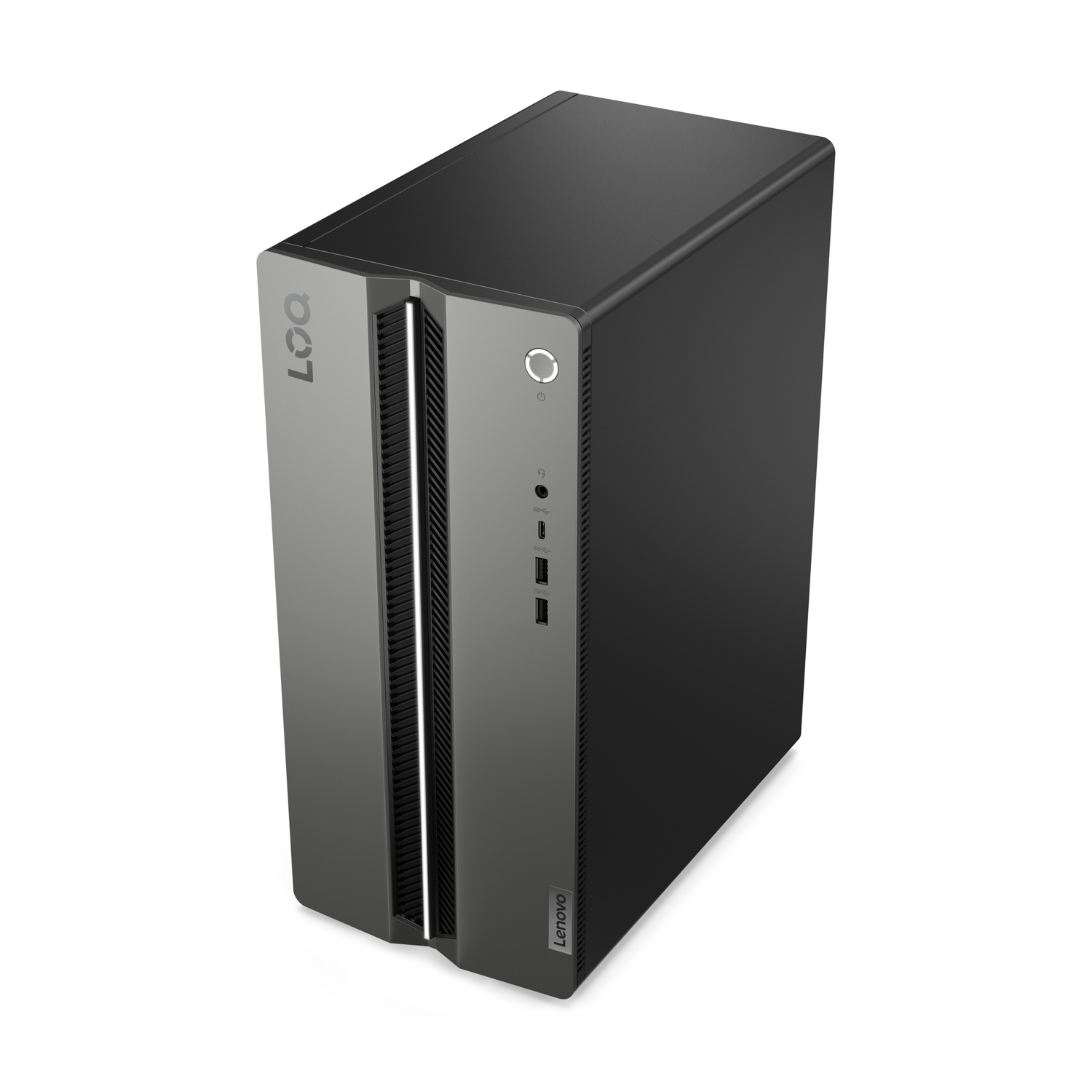 Un computer desktop Lenovo. È nero e grigio, con il logo Lenovo visibile. L'involucro è verticale e rettangolare.