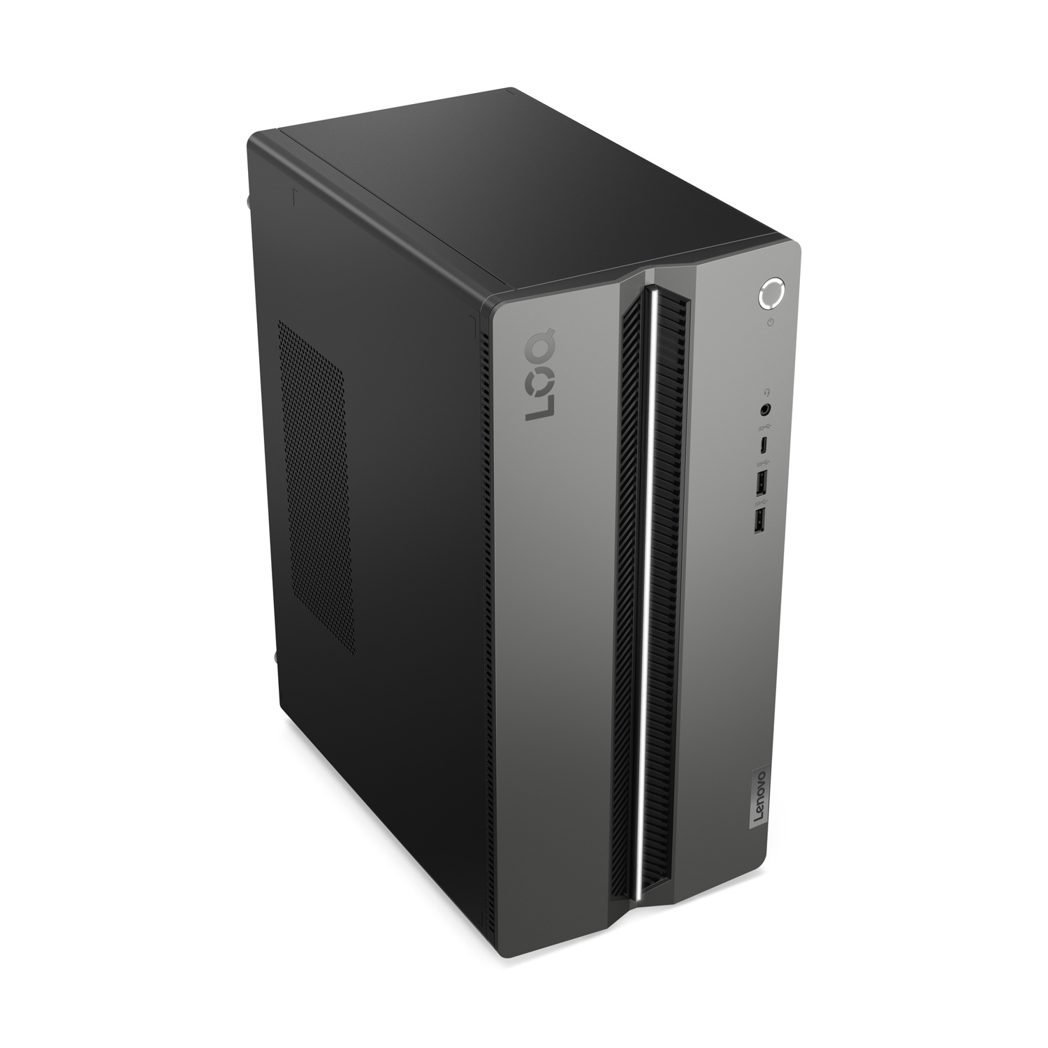 Un computer desktop Lenovo in un case nero e grigio. Il case è rettangolare con un design verticale. Il logo Lenovo è visibile.