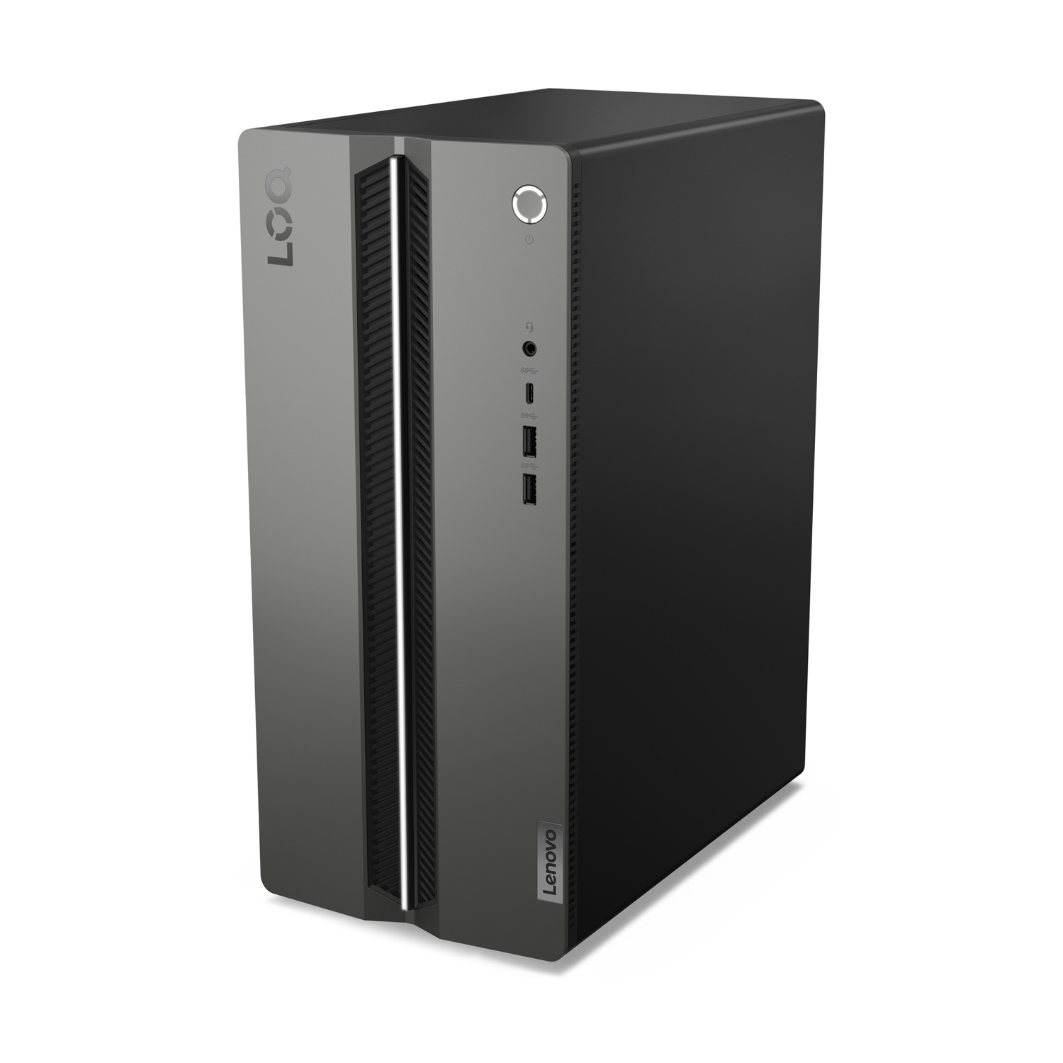 Un case per computer desktop Lenovo. È grigio scuro e nero con il logo Lenovo. La parte anteriore presenta porte e un pulsante di accensione.