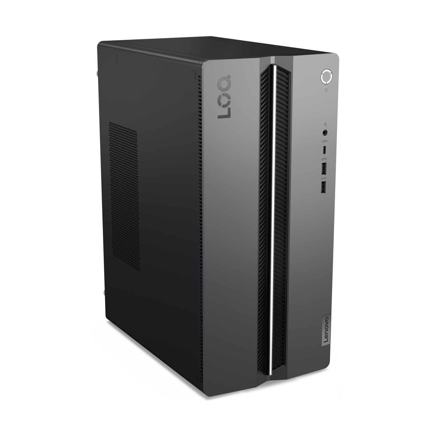 Un computer desktop Lenovo. È grigio scuro con un pannello laterale nero. Il pannello frontale ha porte di alimentazione e USB.