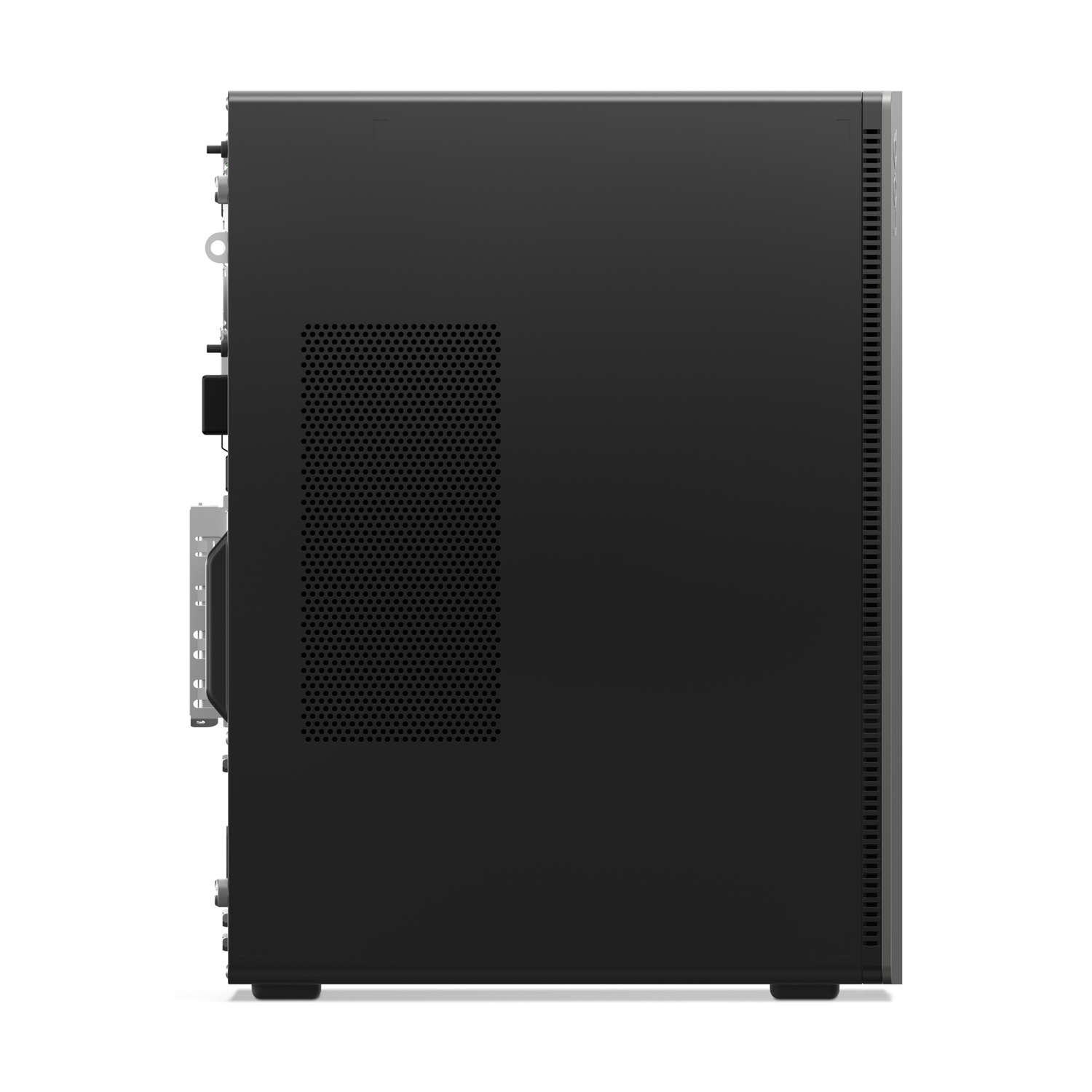 Vista laterale di un computer desktop nero. Ha un pannello laterale perforato e varie porte sono visibili sul lato sinistro.