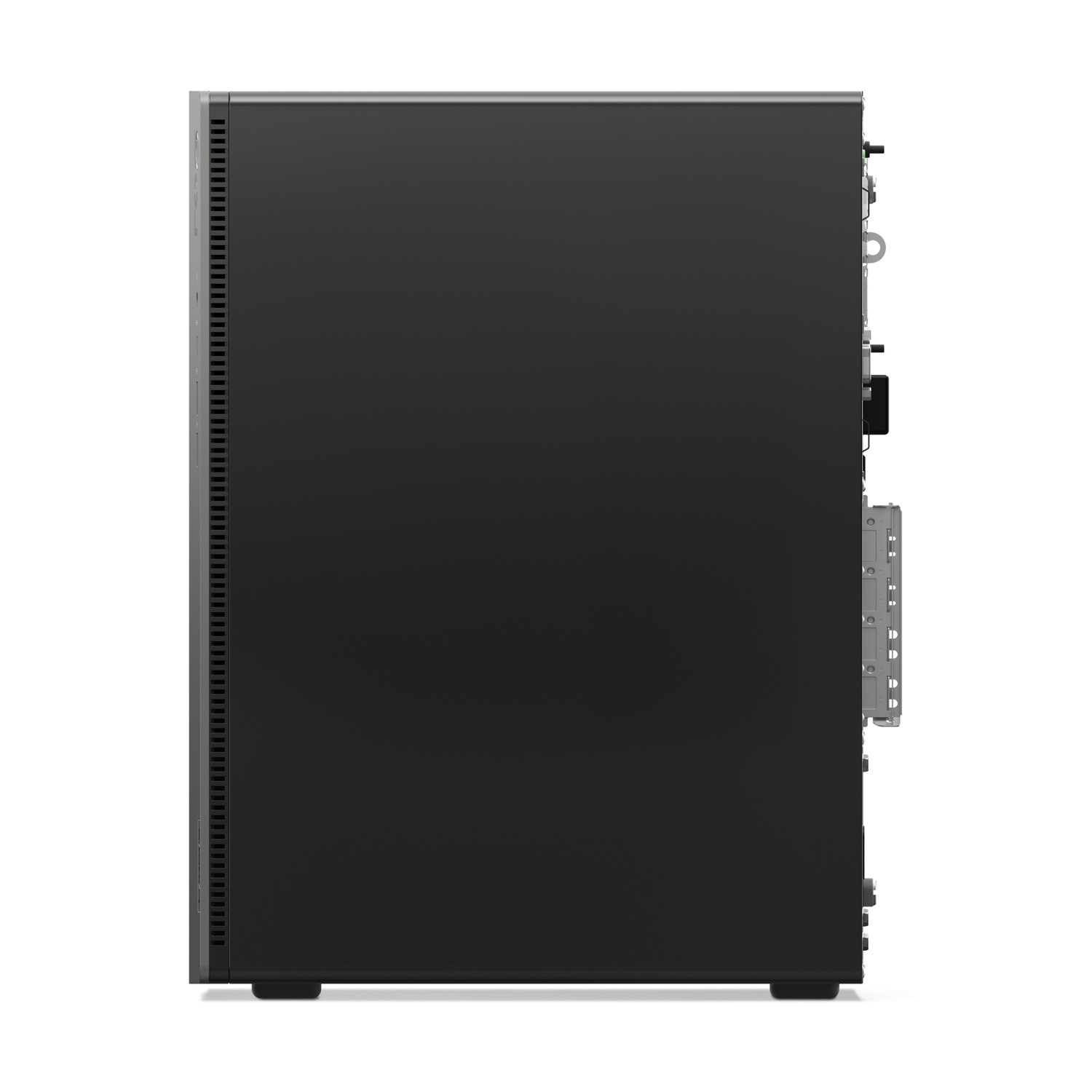 Un case nero per computer, vista laterale. Ha delle fessure di ventilazione a sinistra e varie porte e connettori a destra.