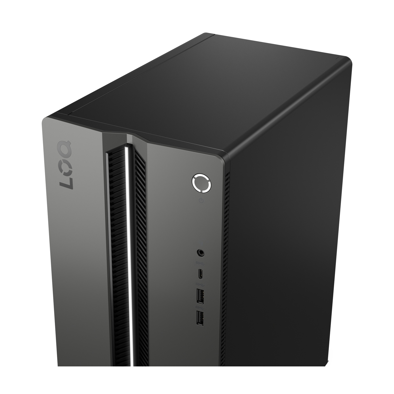 Un case per computer nero con il logo 'LOQ' sul lato. Ha un pulsante di accensione, porte e un design elegante.