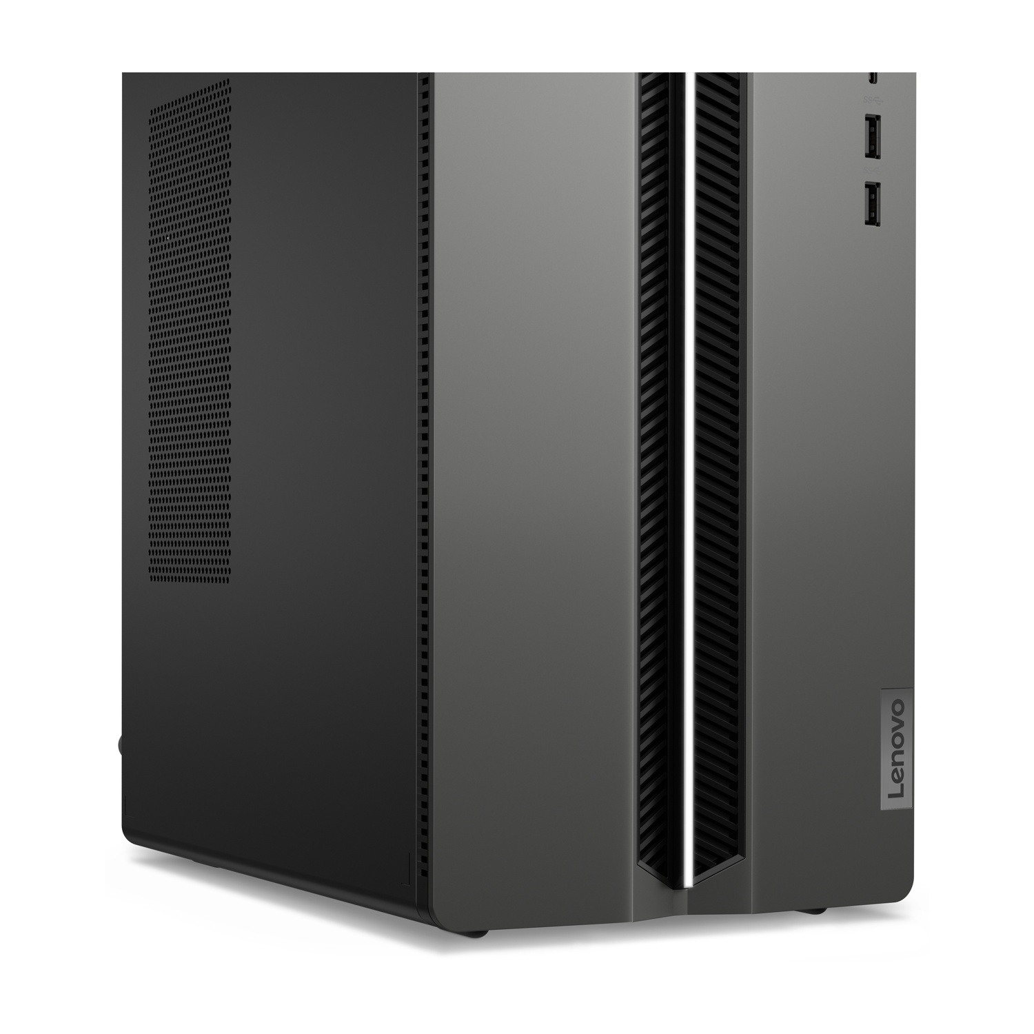 Un case per computer desktop Lenovo grigio. Presenta un pannello laterale perforato, sfiato verticale e logo Lenovo. Porte USB visibili.