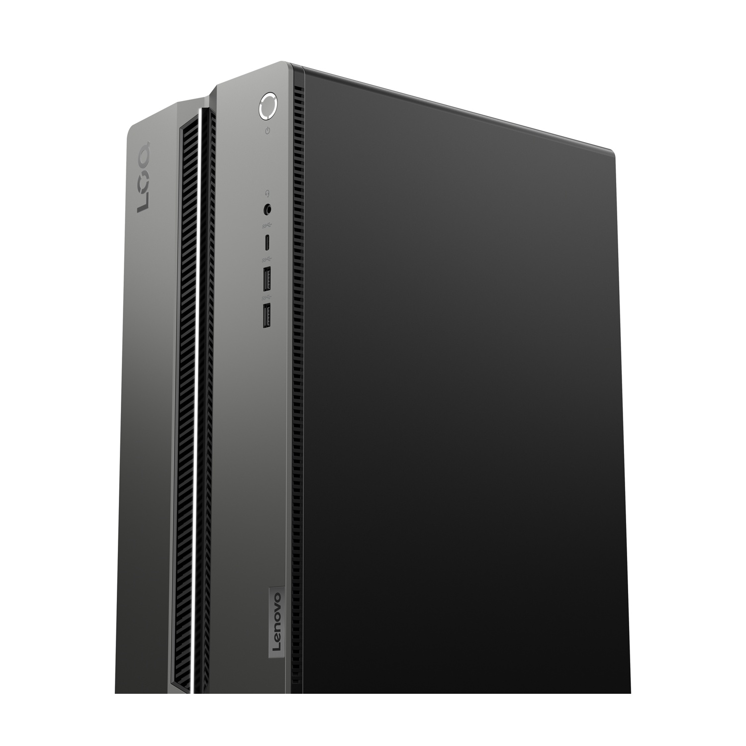 Un computer desktop Lenovo. Ha un pannello frontale nero e un pannello laterale argentato con porte. Il logo Lenovo è visibile.