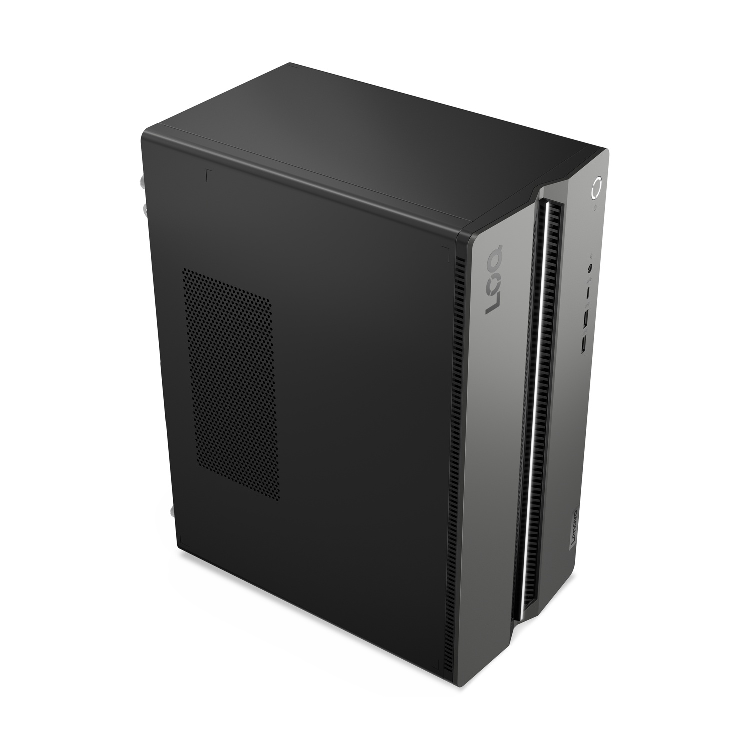 Un case per computer desktop nero con un pannello frontale grigio. Il case ha il marchio LOQ e Lenovo. È su una superficie bianca.