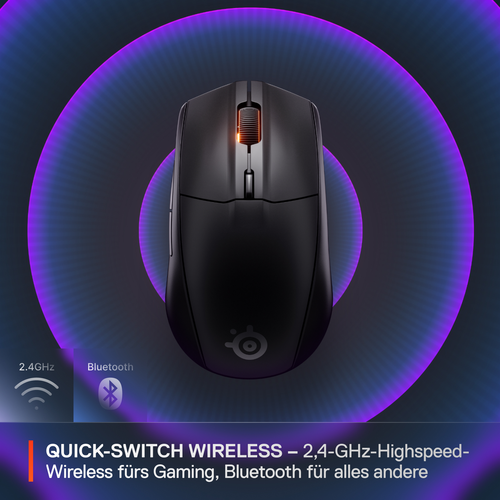 Schwarze kabellose Maus mit lila und blauem Hintergrund. Verfügt über Bluetooth- und 2,4-GHz-Konnektivität. Text: Quick-Switch Wireless.