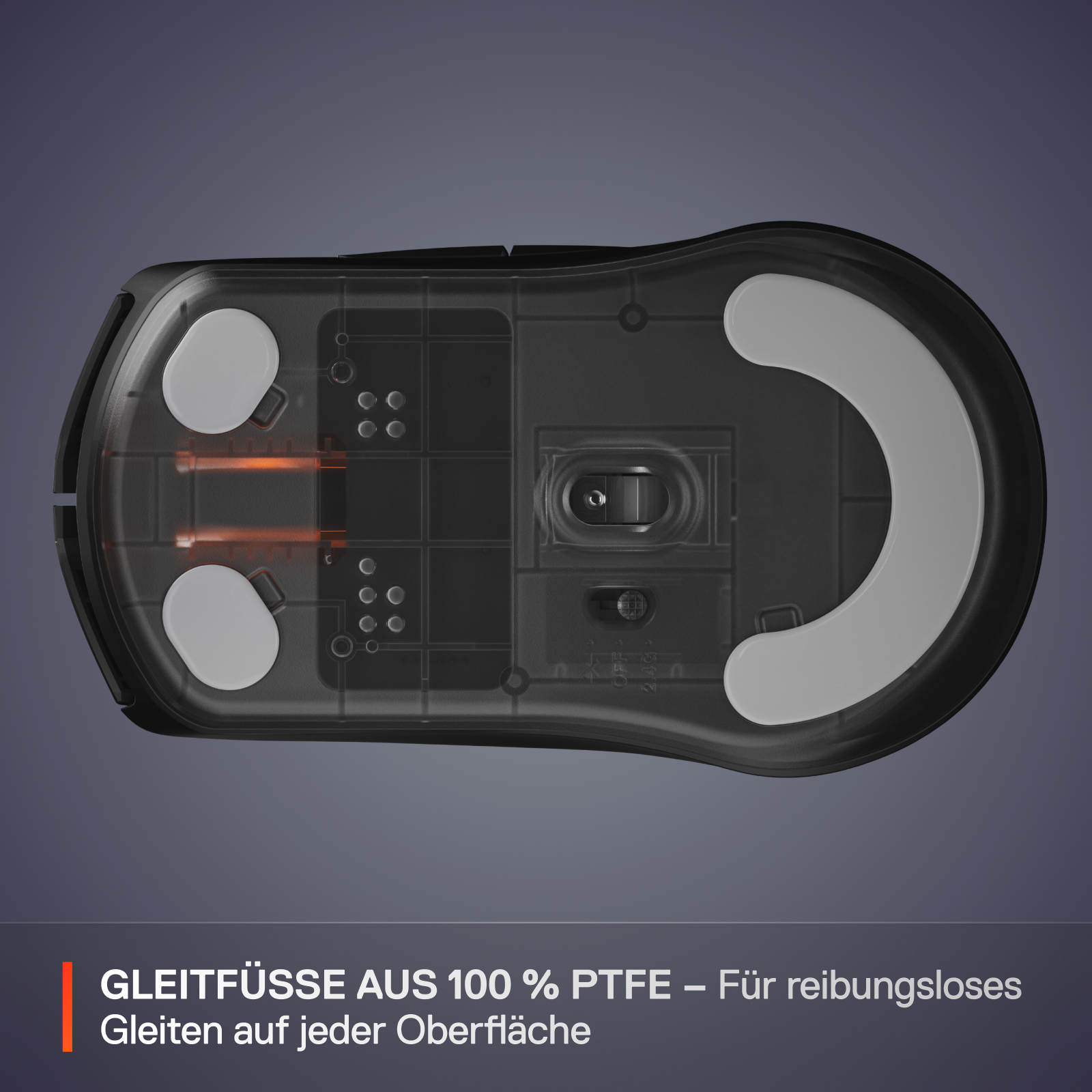 Unteransicht einer schwarzen Computermaus. Weiße Pads und orangefarbene interne Komponenten sind sichtbar. Grauer Hintergrund mit Text.