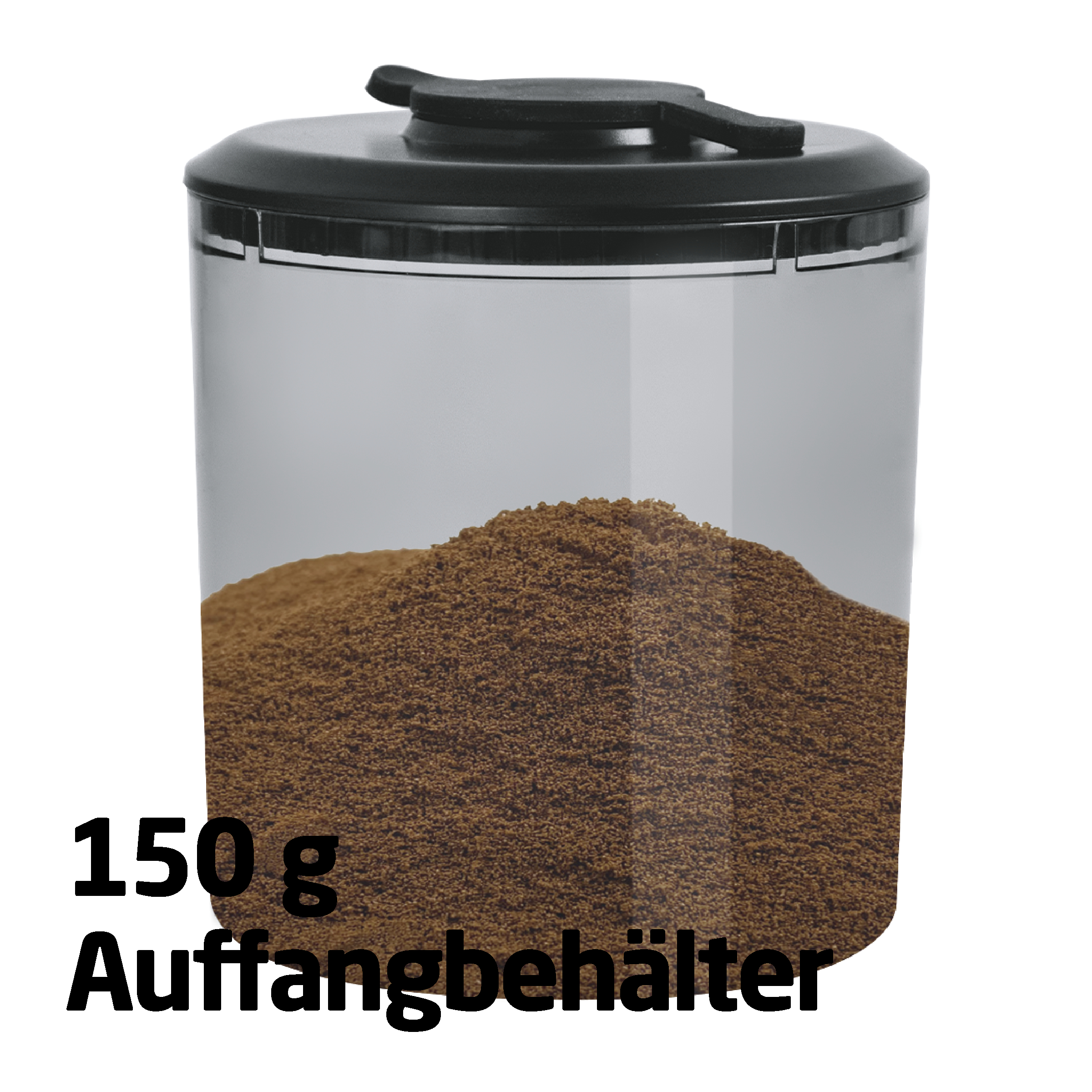 Ein transparenter Behälter, gefüllt mit braunem Pulver, hat einen schwarzen Deckel. Text: 150g Auffangbehälter.