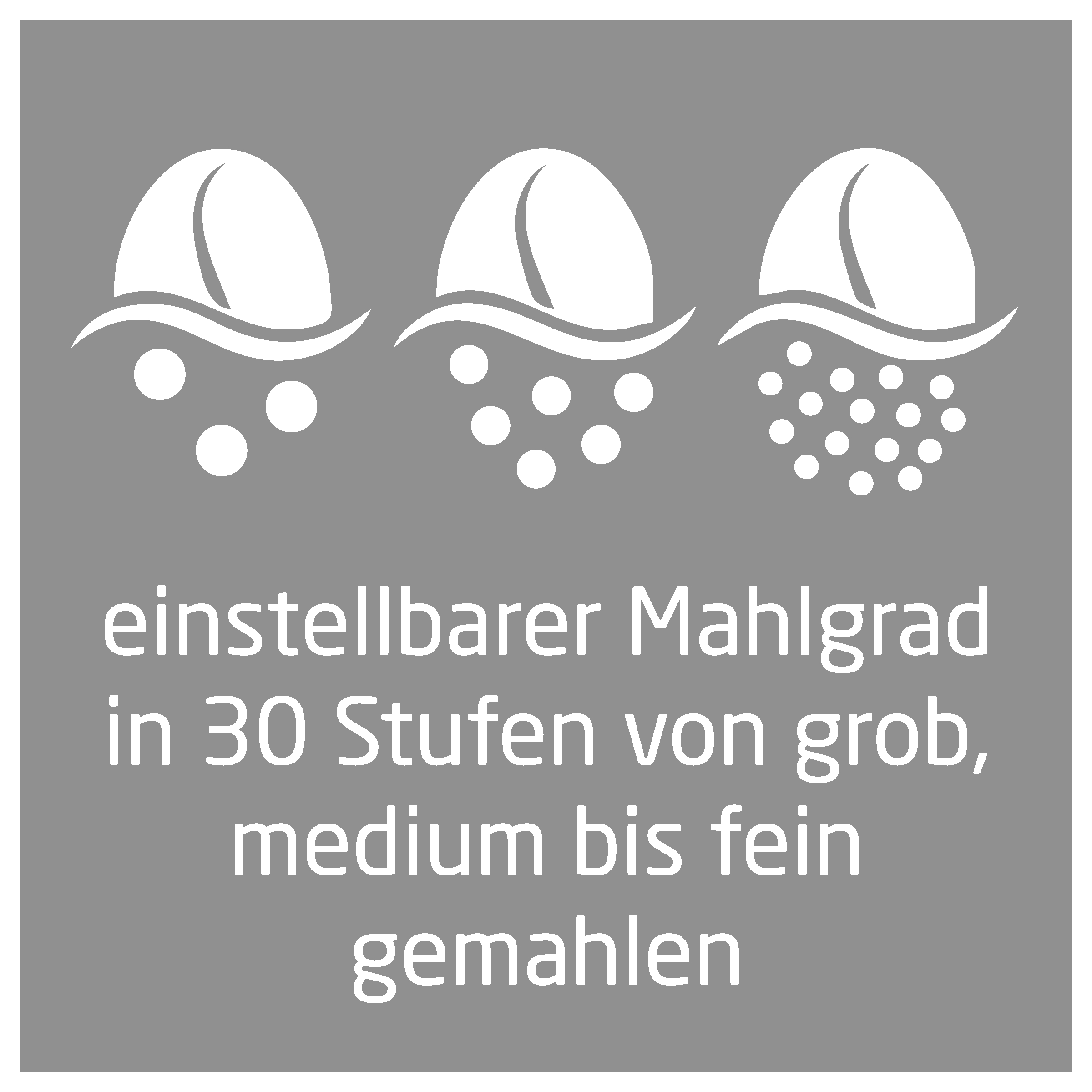 Das Bild zeigt 3 Kaffeebohnen-Symbole mit unterschiedlichen Mahlgraden. Text: 'Einstellbarer Mahlgrad in 30 Stufen'.