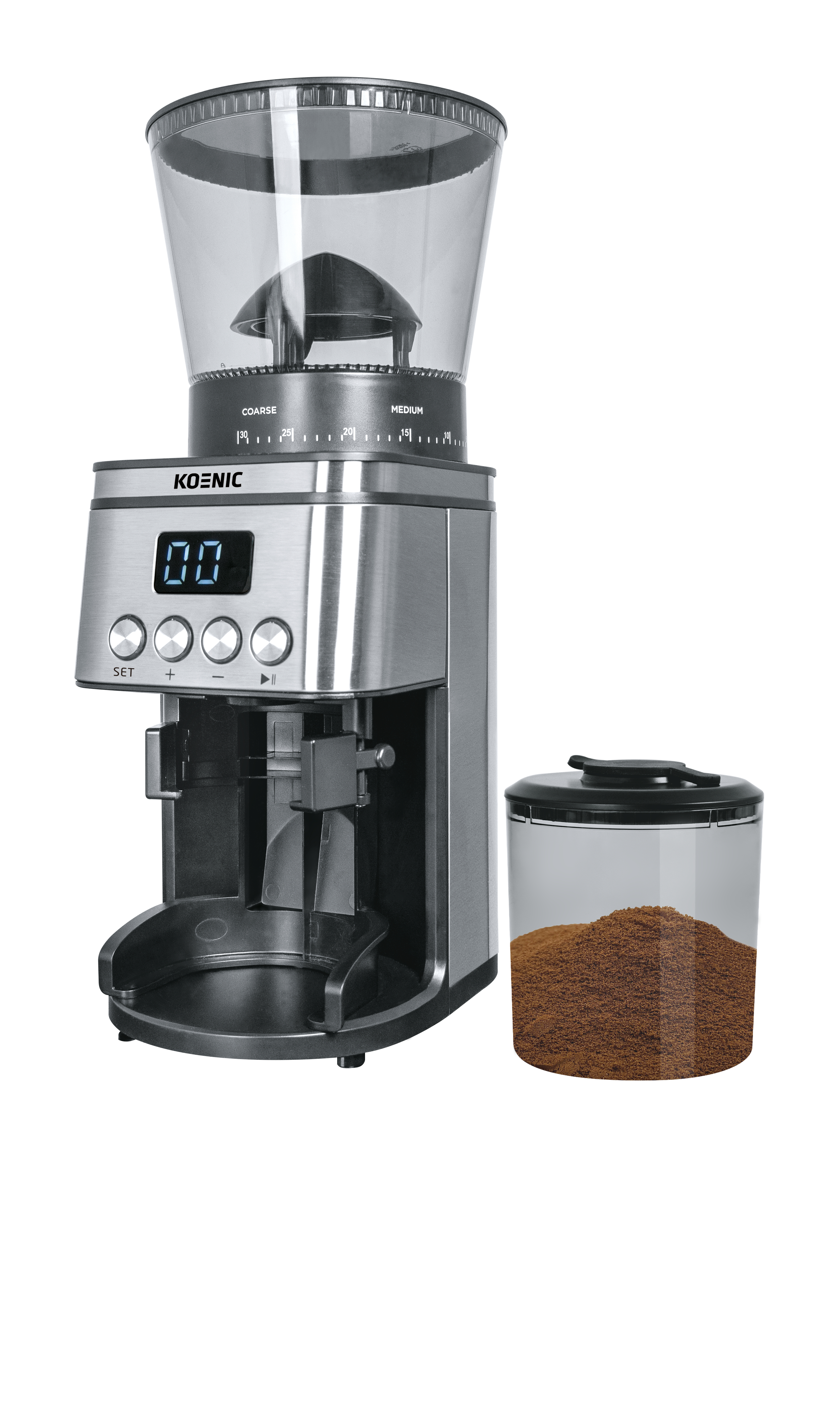 Eine silberne Koenic Kaffeemühle mit einem transparenten Bohnenbehälter, Digitalanzeige und Behälter mit Kaffeepulver.