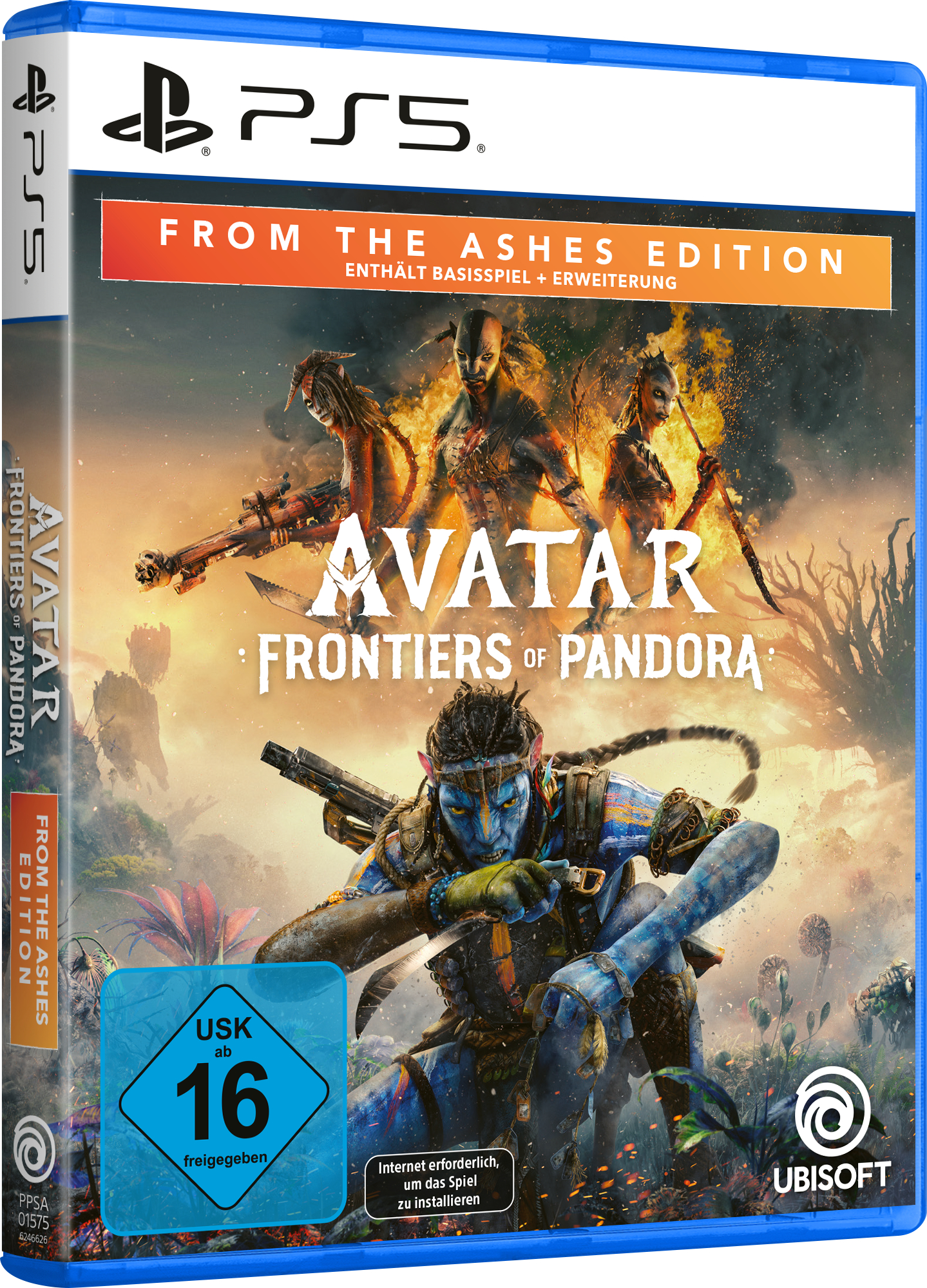 Spielcover von Avatar: Frontiers of Pandora. Zeigt eine blaue Alienfigur im Vordergrund, Charaktere und Feuer im Hintergrund.