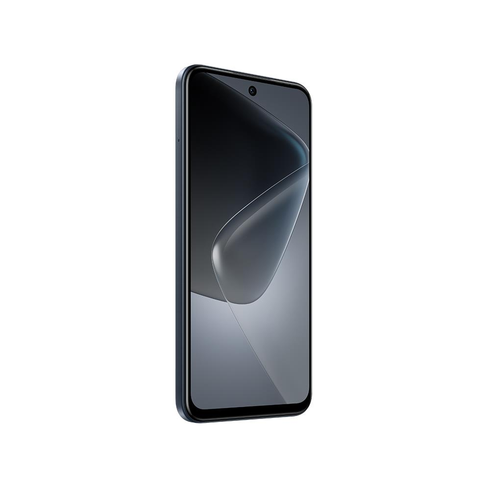 Koyu mavi bir kılıf içindeki bir akıllı telefon, ekranı açık, açık gri ve beyaz bir görüntü gösterirken açılı olarak gösteriliyor. Arka plan beyazdır.