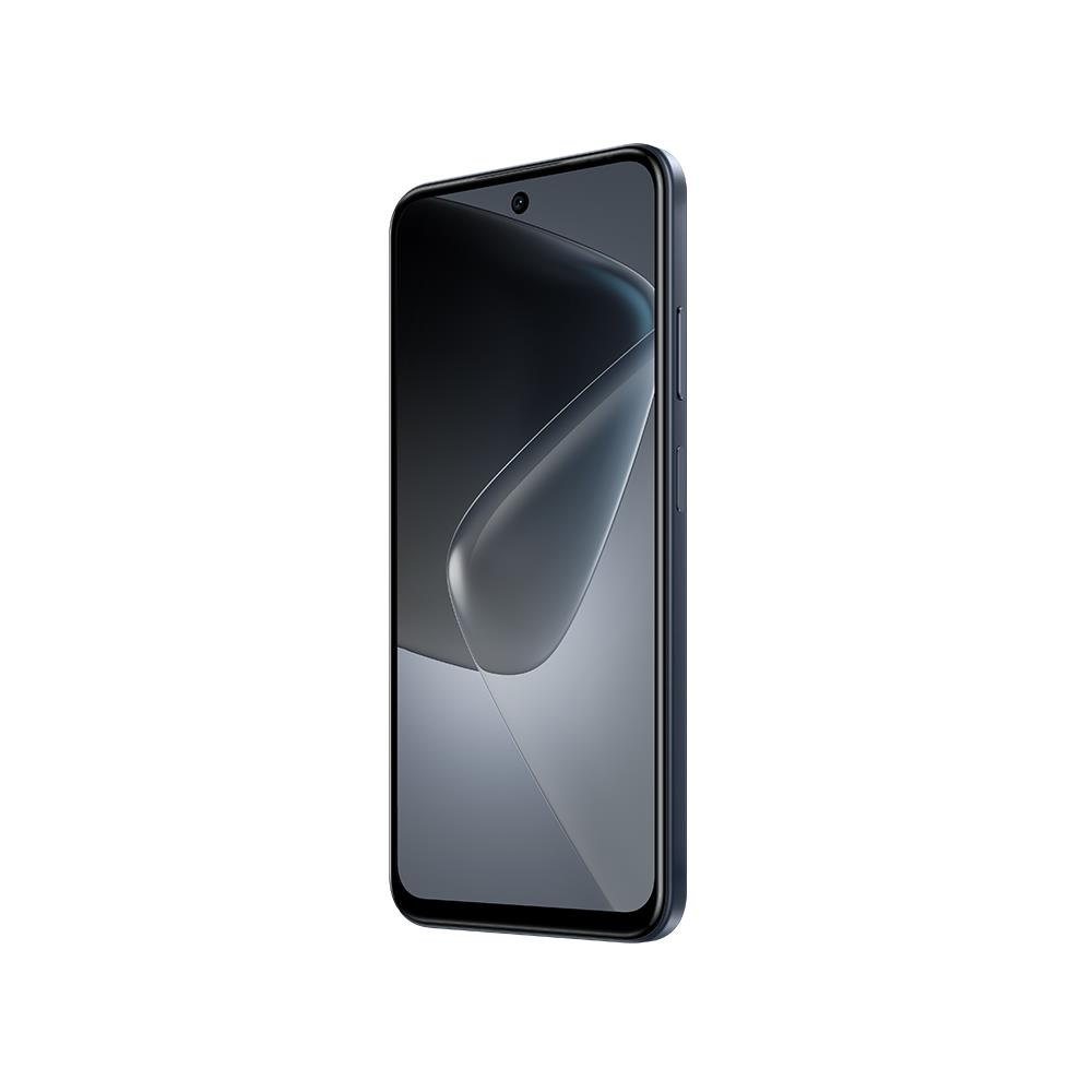 Koyu mavi renkli bir akıllı telefon açılı olarak görüntüleniyor. Ekran, üstte bir kamera ile gradyan bir tasarım gösteriyor.