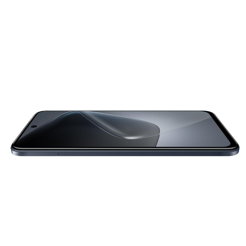 Beyaz bir yüzeyde yatan siyah bir akıllı telefon. Ekran, kavisli bir desen gösteriyor. Telefonun koyu mavi bir çerçevesi var.